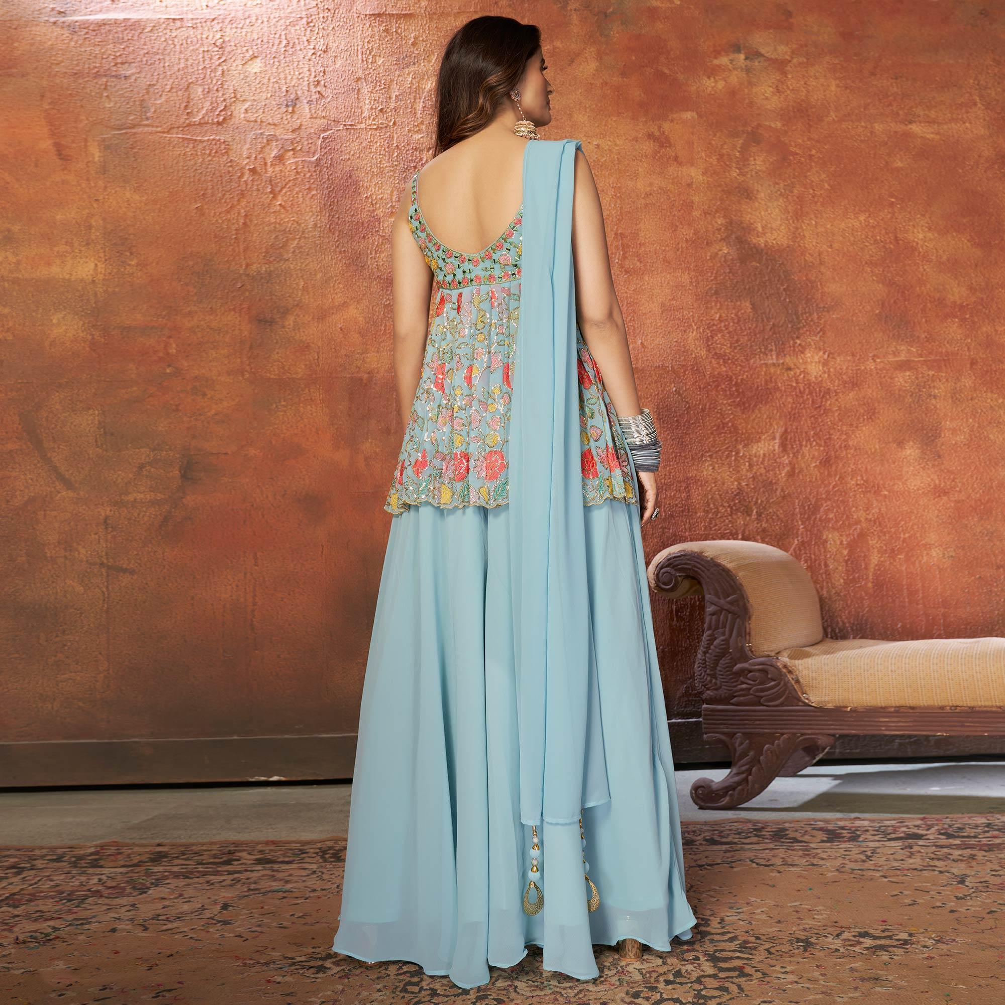 Light Blue Party Wear Embroiddered Georgette Sharara Suit - Peachmode