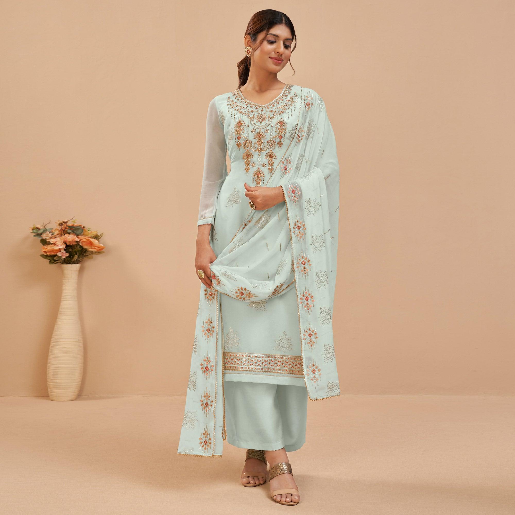 Light Blue Party Wear Embroidered Georgette Suit - Peachmode