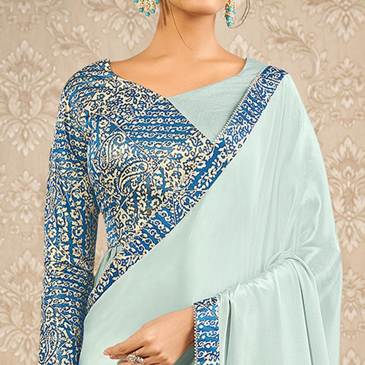 Light Blue Partywear Appliqued With Digital Printed Satin Saree - Peachmode