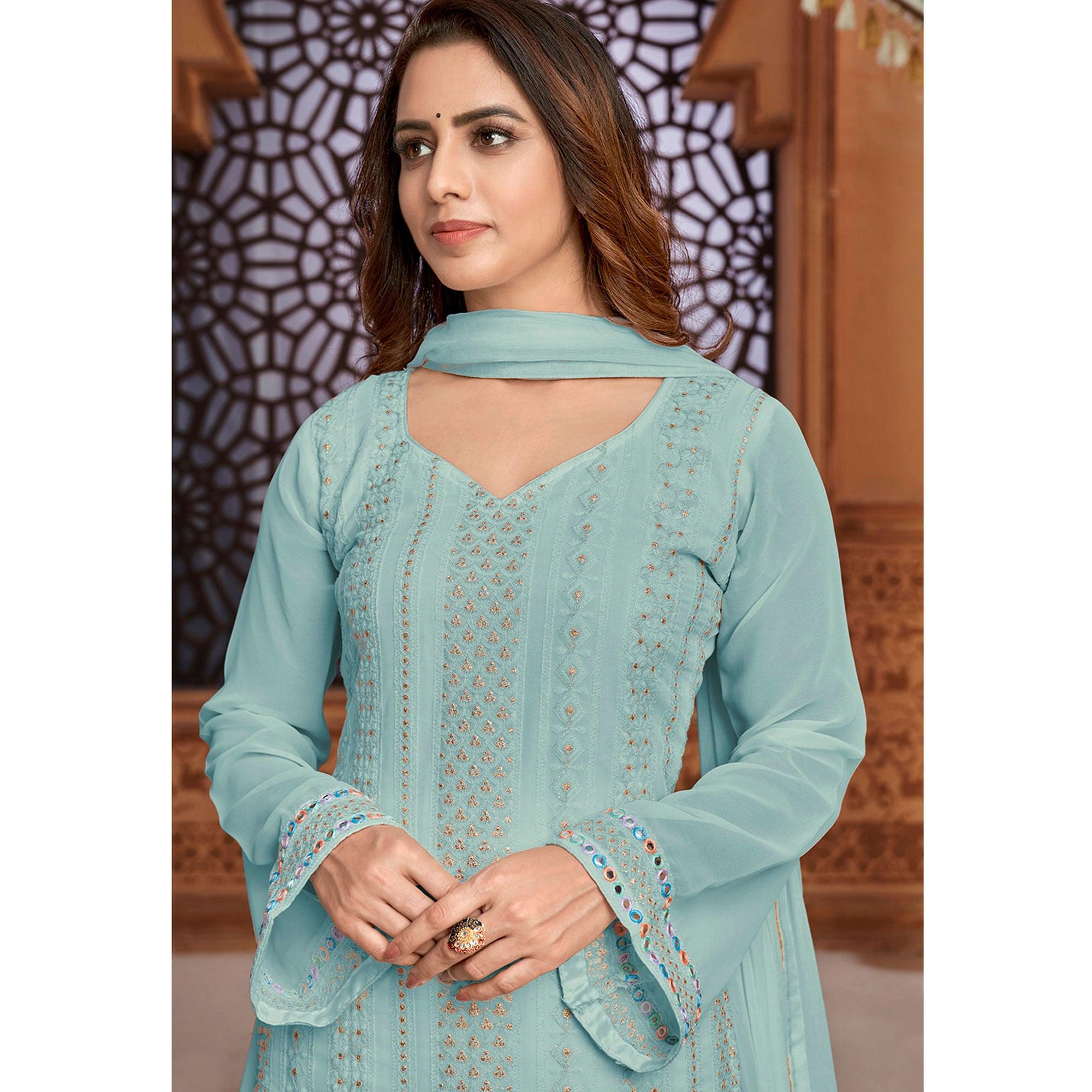 Light Blue Partywear Designer Embroidered Heavy Faux Georgette Palazzo Suit - Peachmode