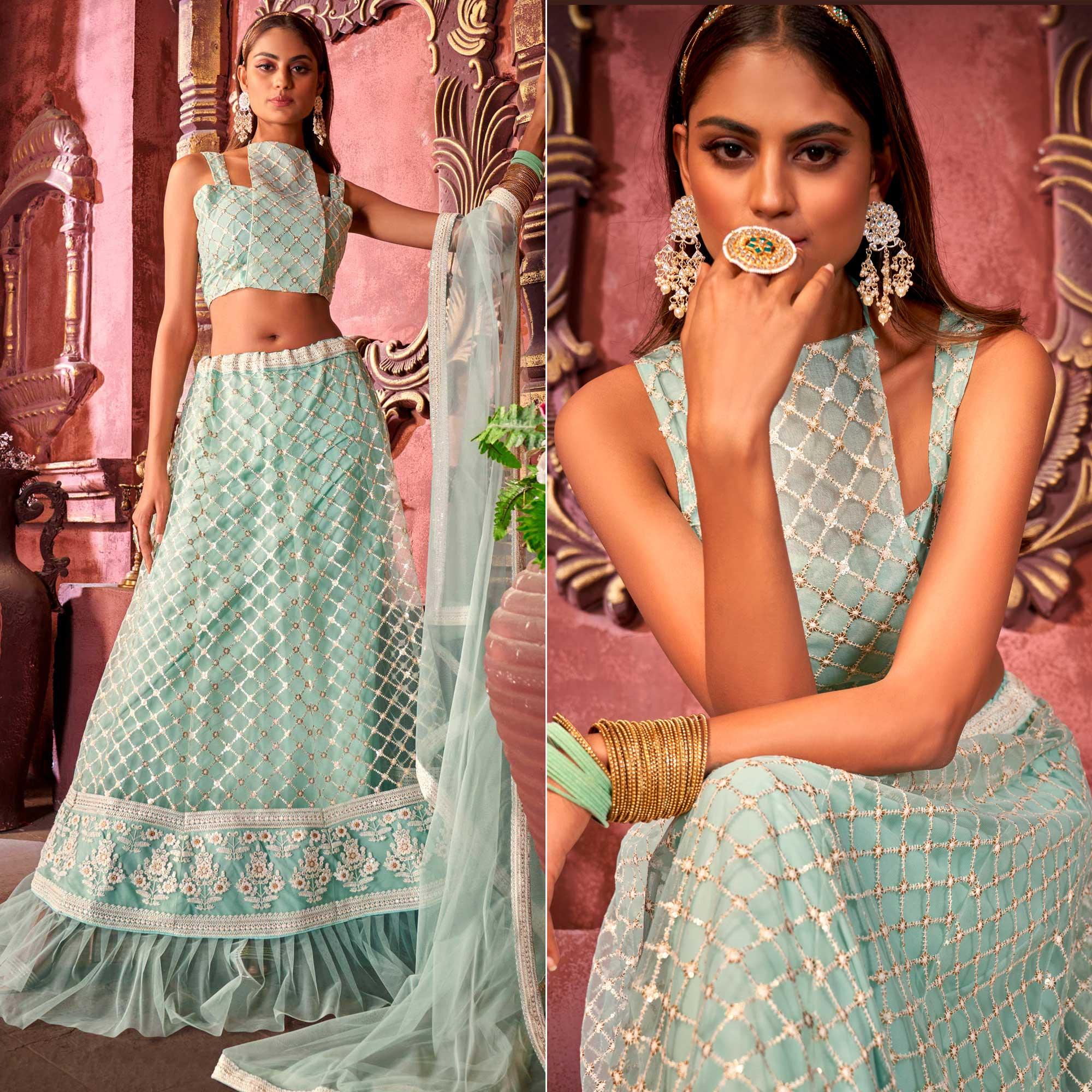 Light Blue Partywear Embroidered Net Lehenga Choli - Peachmode