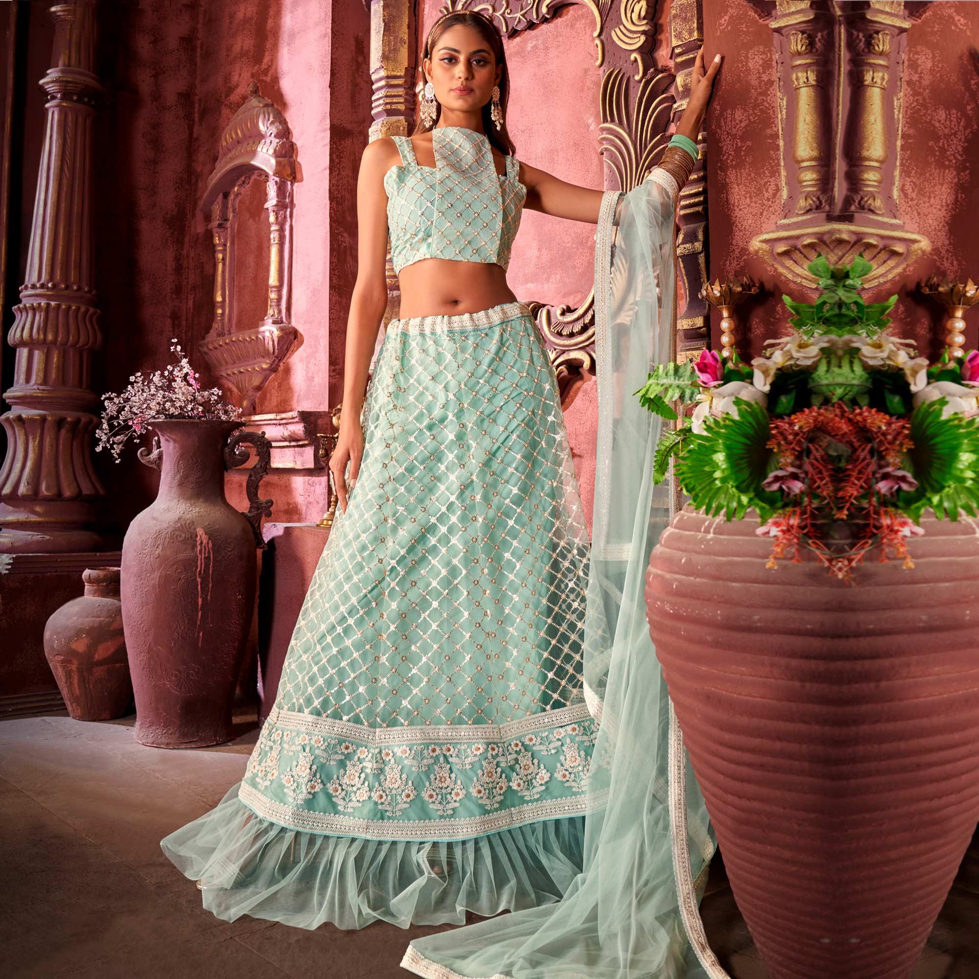 Light Blue Partywear Embroidered Net Lehenga Choli - Peachmode