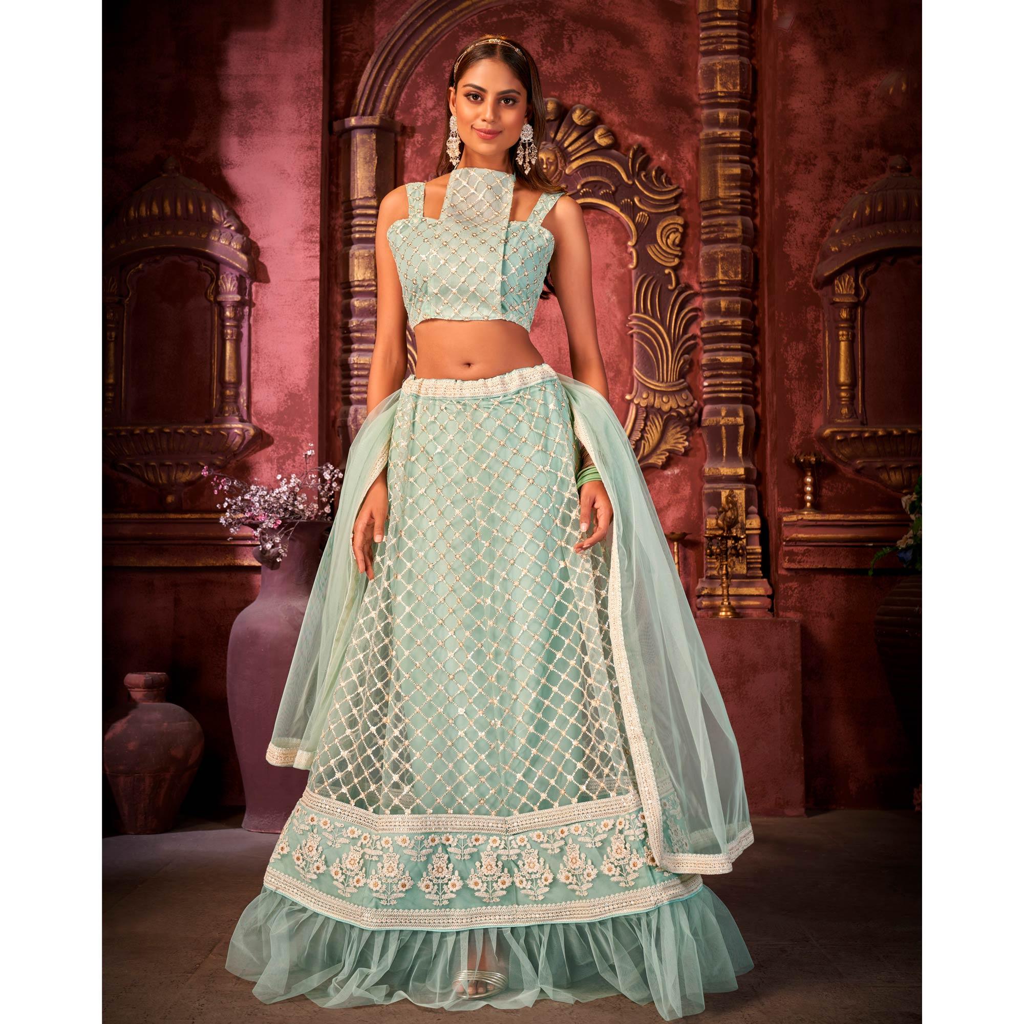 Light Blue Partywear Embroidered Net Lehenga Choli - Peachmode