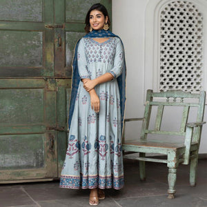 Light Blue Partywear Embroidery With Printed Cotton Silk Anarkali Suit - Peachmode