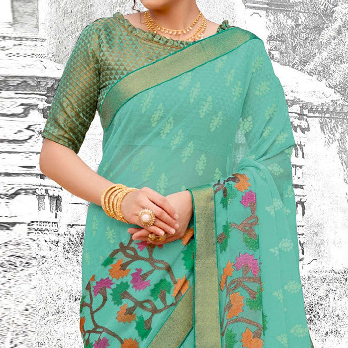 Light Blue Partywear Printed Brasso Saree - Peachmode