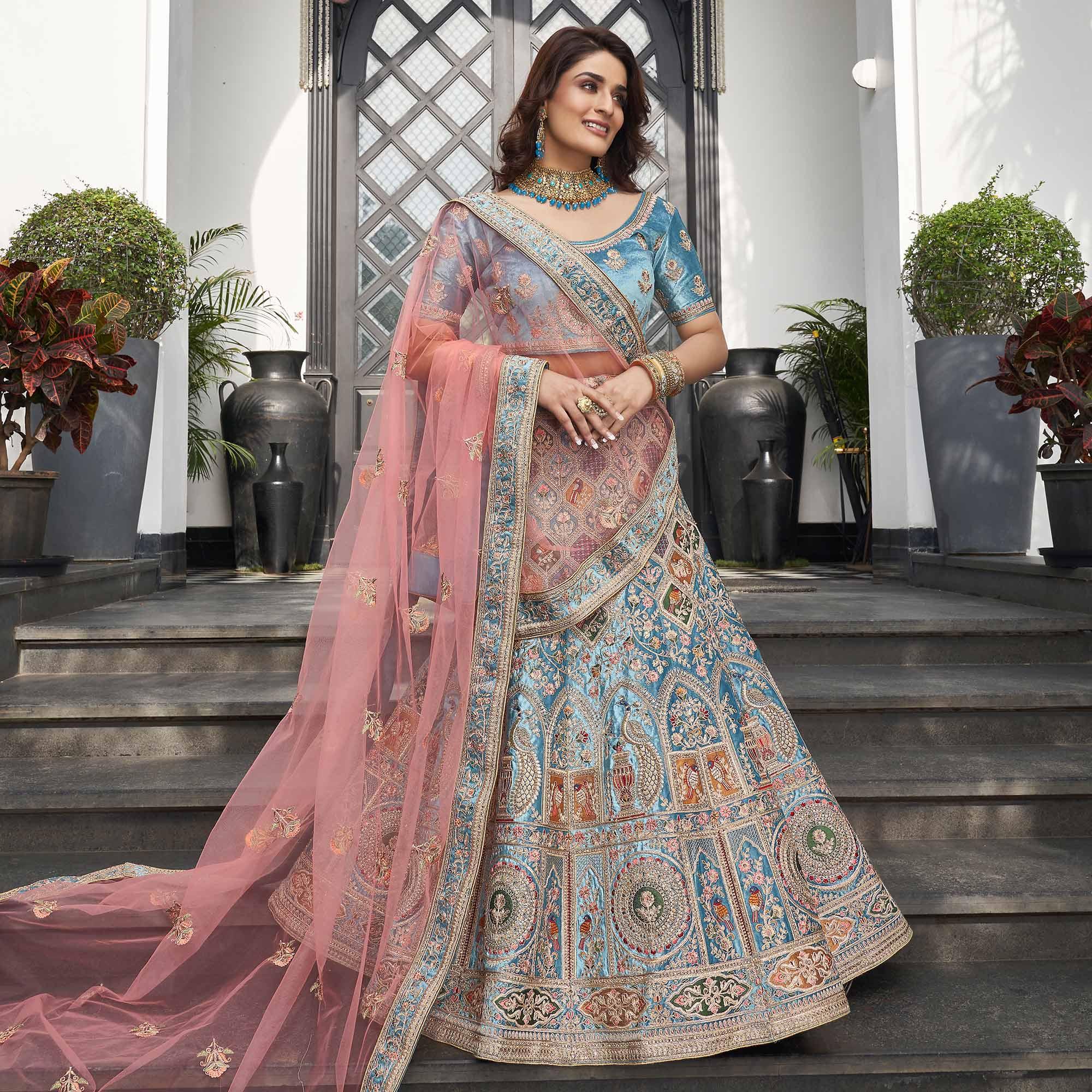 Light Blue Partywear Sequence Floral Embroidered Velvet Lehenga Choli - Peachmode