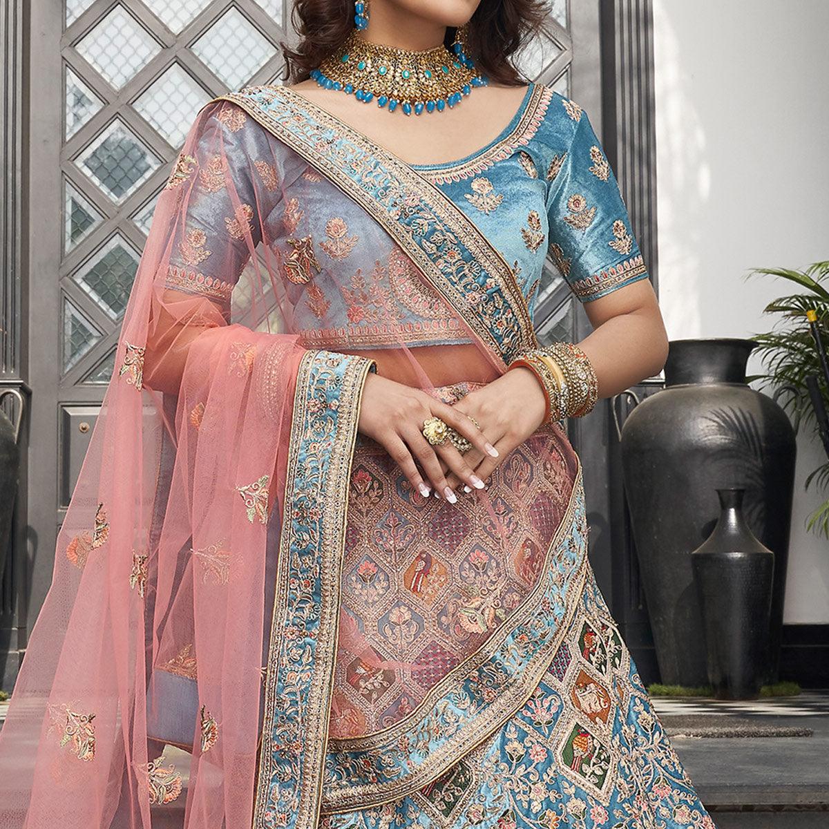 Light Blue Partywear Sequence Floral Embroidered Velvet Lehenga Choli - Peachmode
