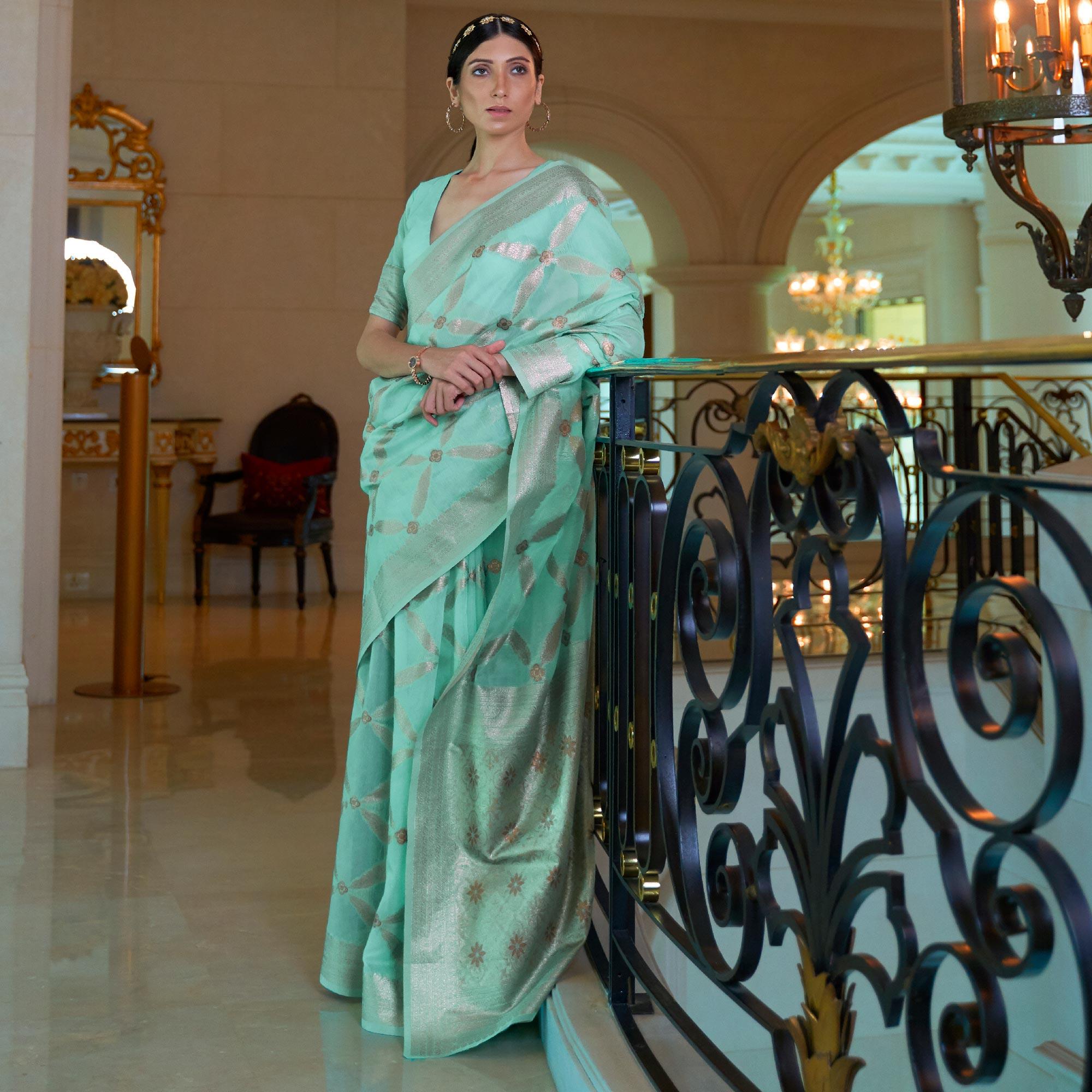 Light Blue Partywear Woven Chanderi Saree - Peachmode