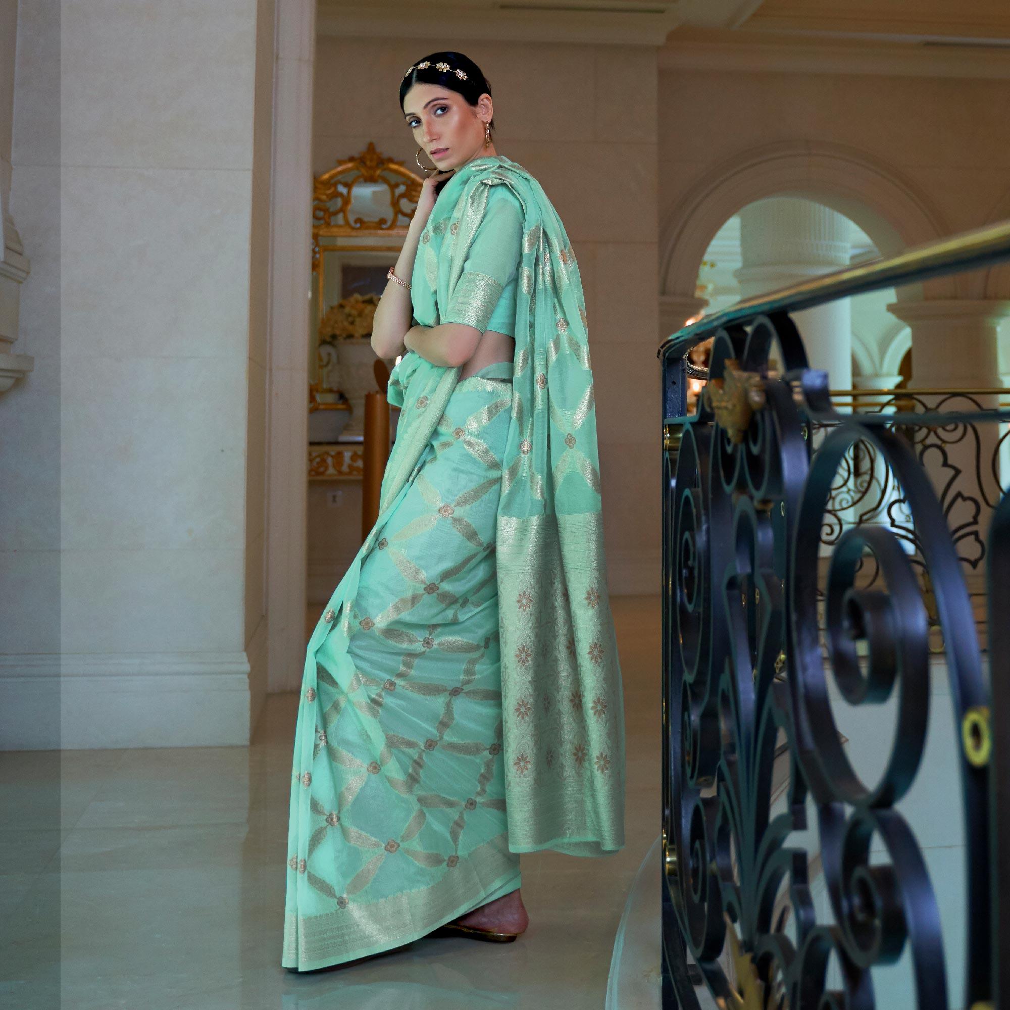 Light Blue Partywear Woven Chanderi Saree - Peachmode