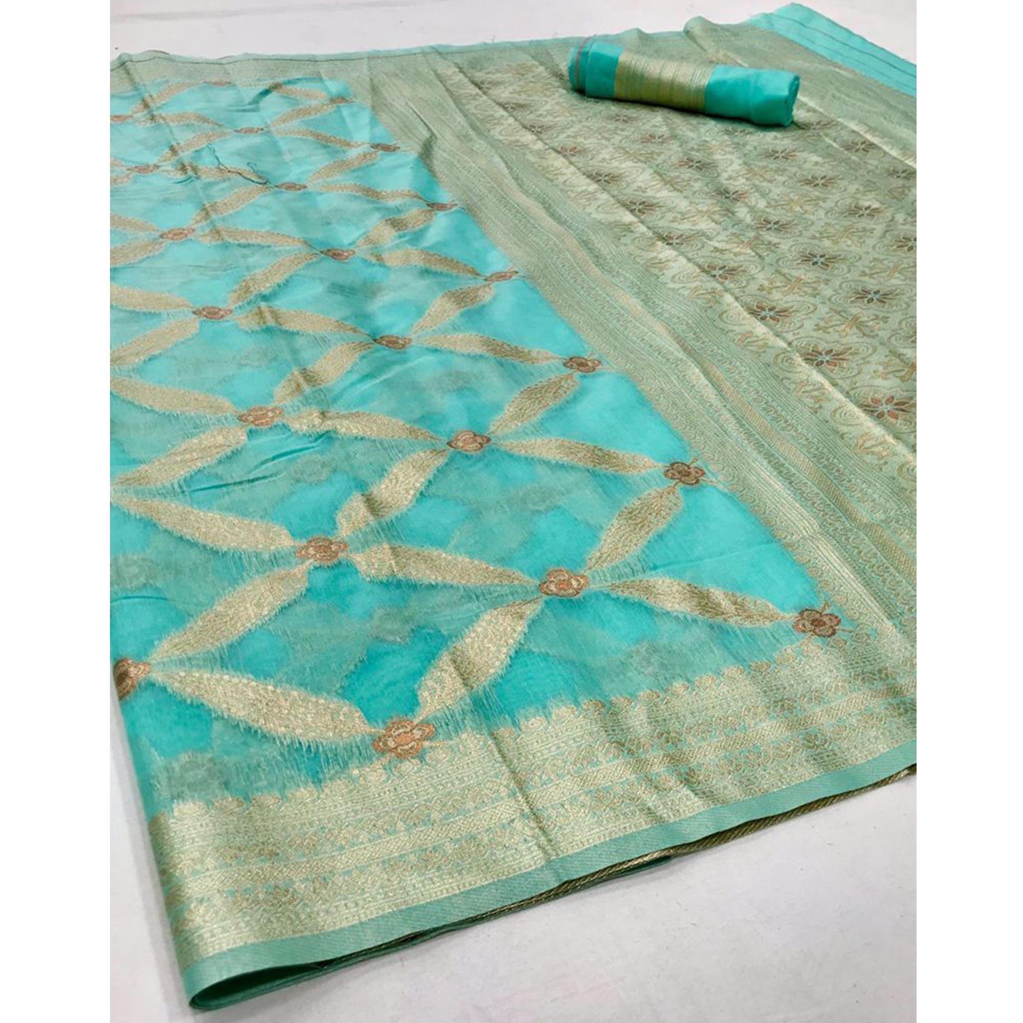 Light Blue Partywear Woven Chanderi Saree - Peachmode