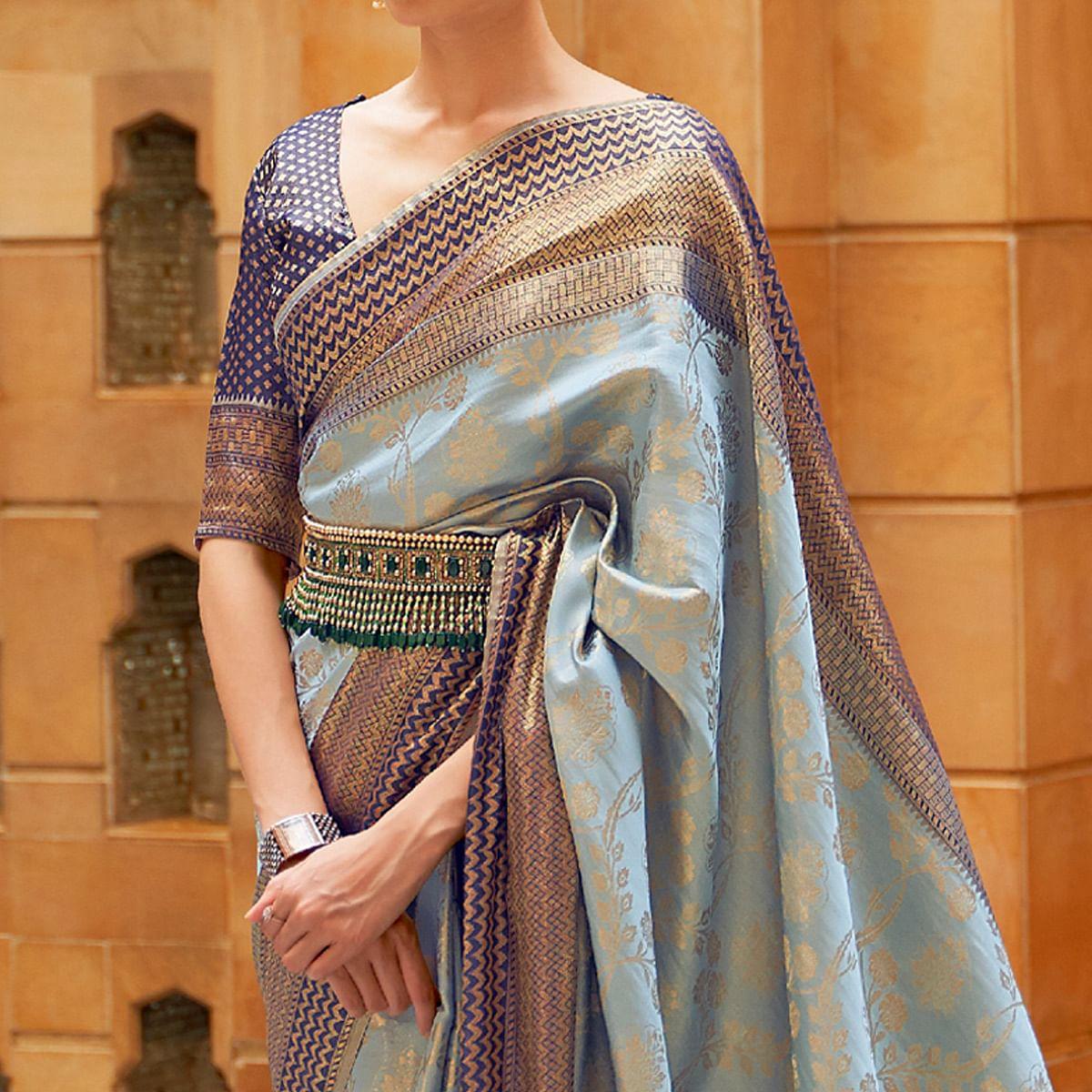 Light Blue Partywear Zari Woven Pure Silk Saree - Peachmode