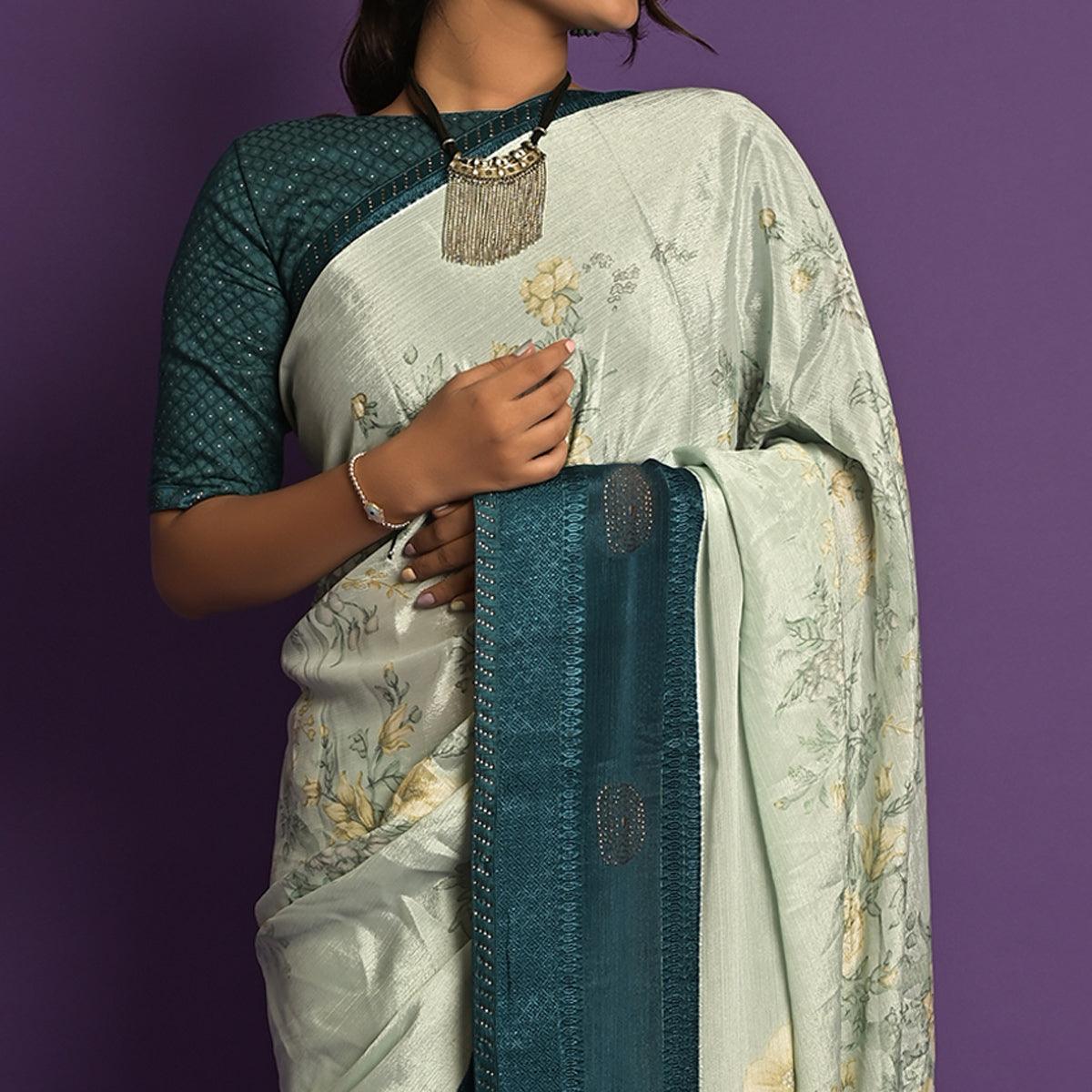 Light Blue Printed-Embellished Chiffon Saree - Peachmode
