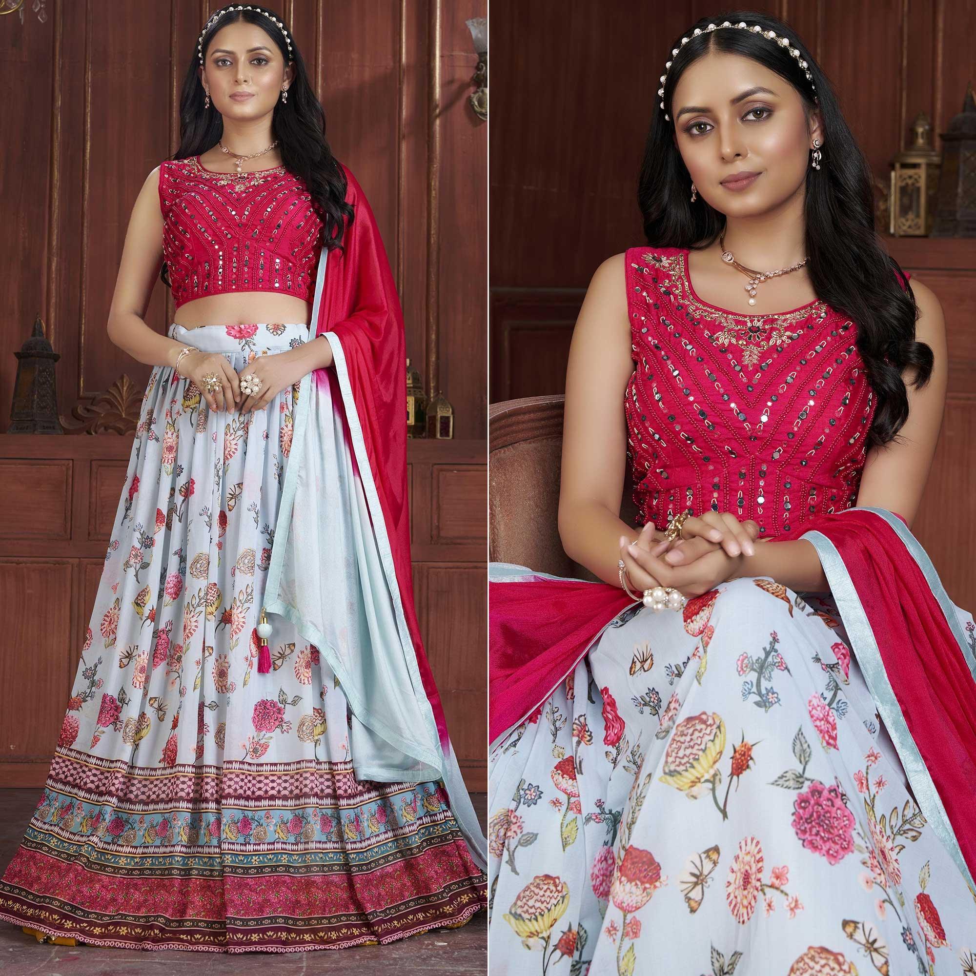 Light Blue Printed Georgette Lehenga Choli - Peachmode