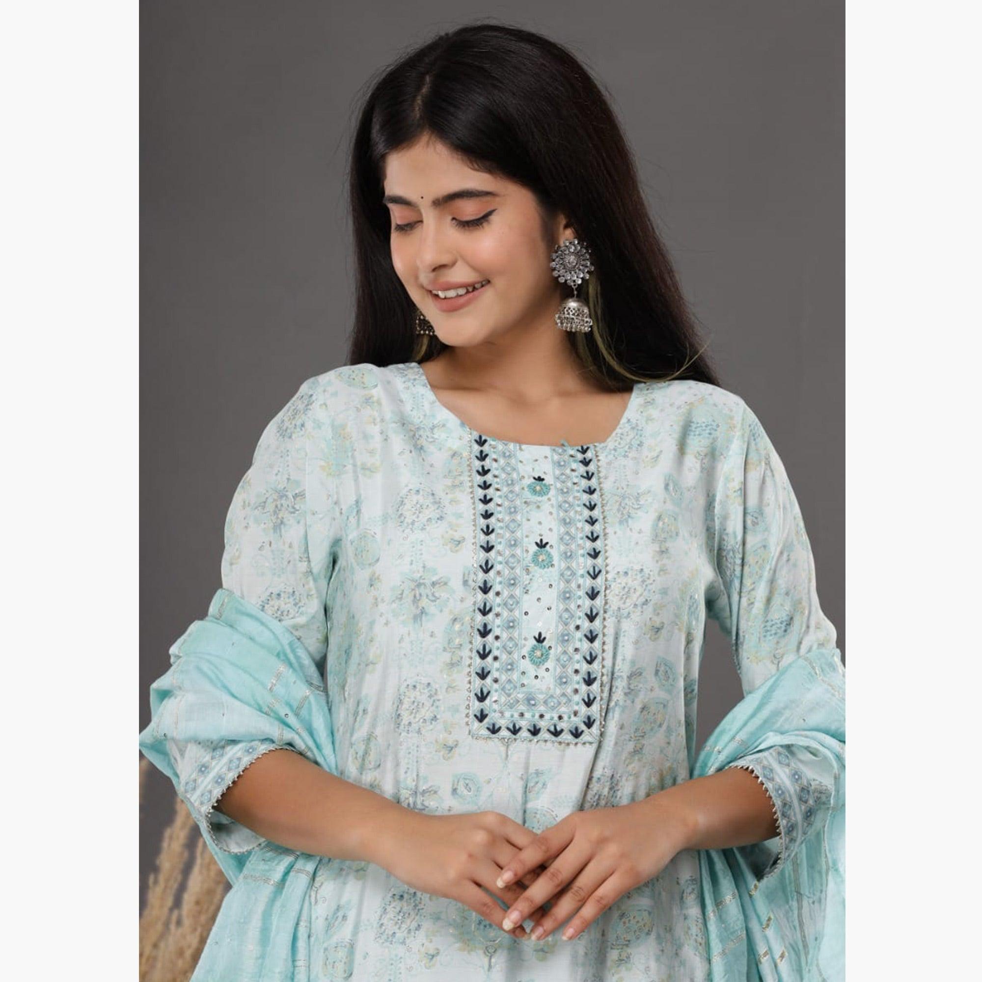Light Blue Printed Muslin Kurti Pant Set With Dupatta - Peachmode