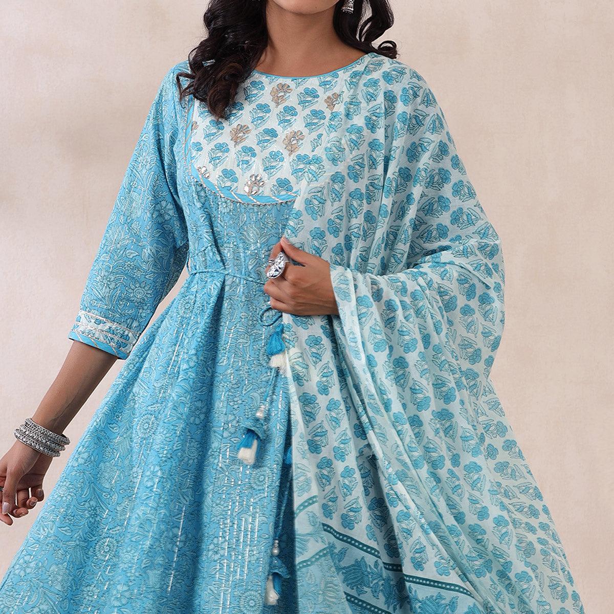 Light Blue Printed Pure Cotton Anarkali Suit - Peachmode