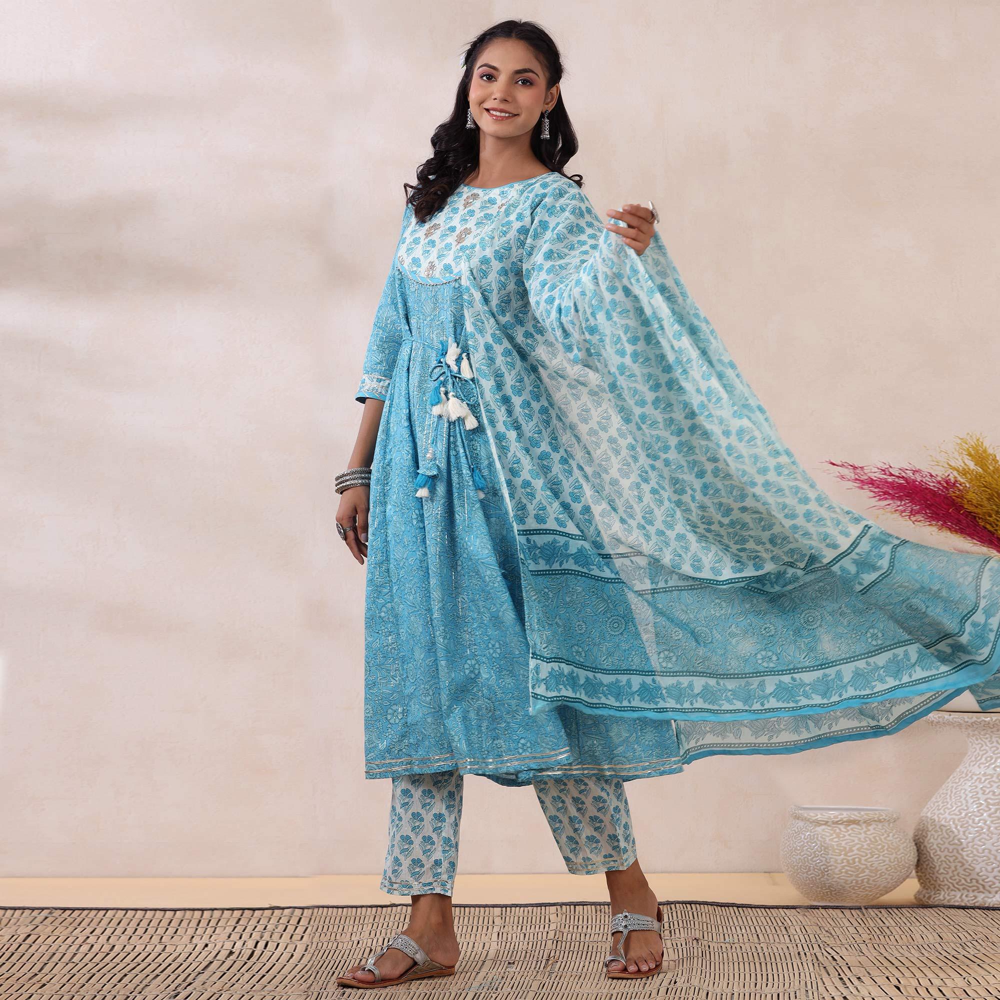 Light Blue Printed Pure Cotton Anarkali Suit - Peachmode