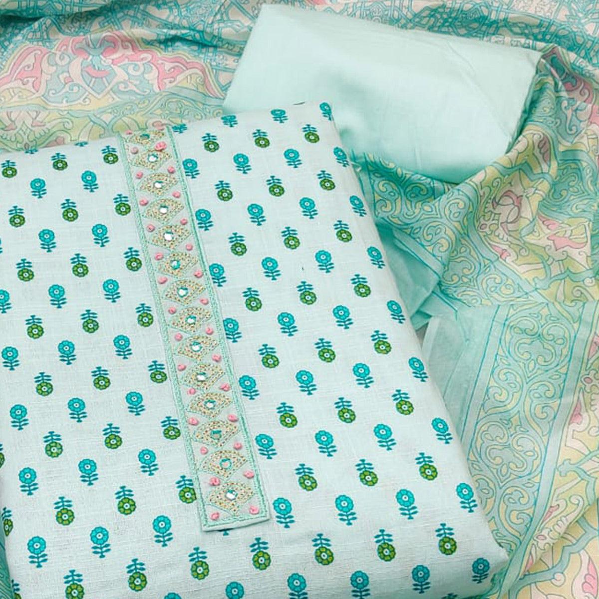 Light Blue Printed Pure Cotton Dress Material - Peachmode