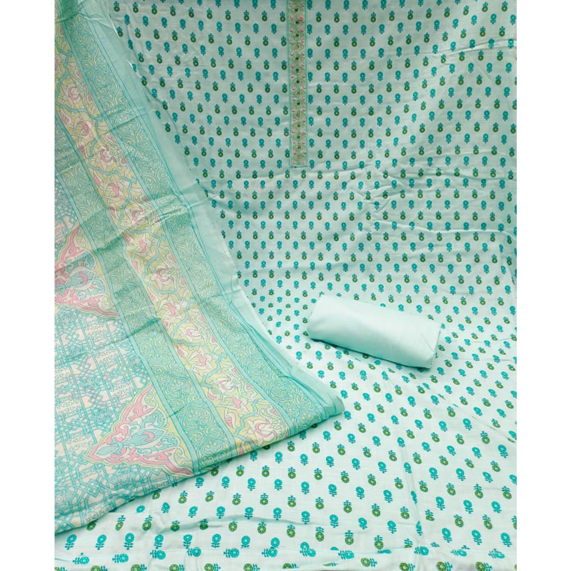Light Blue Printed Pure Cotton Dress Material - Peachmode