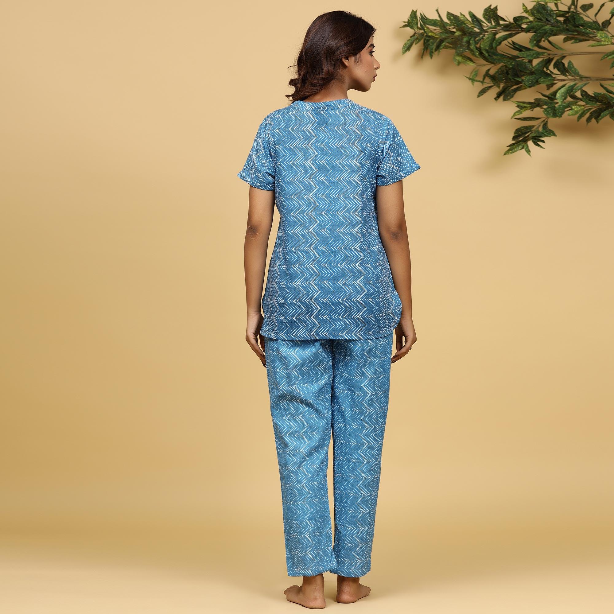 Light Blue Printed Pure Cotton Night Suit - Peachmode