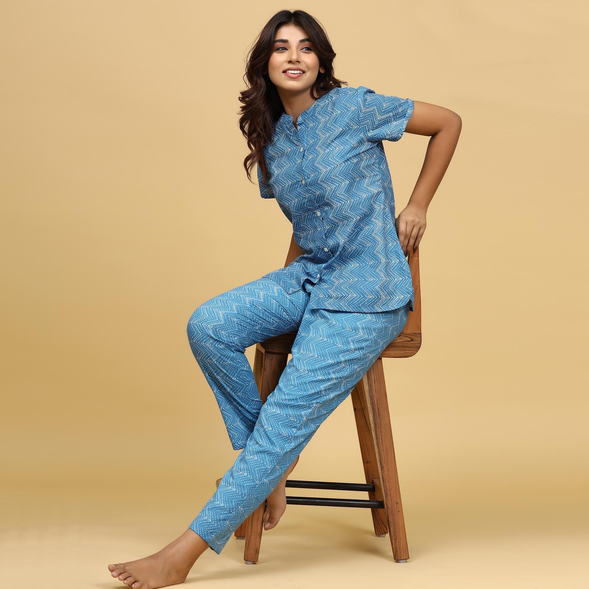 Light Blue Printed Pure Cotton Night Suit - Peachmode
