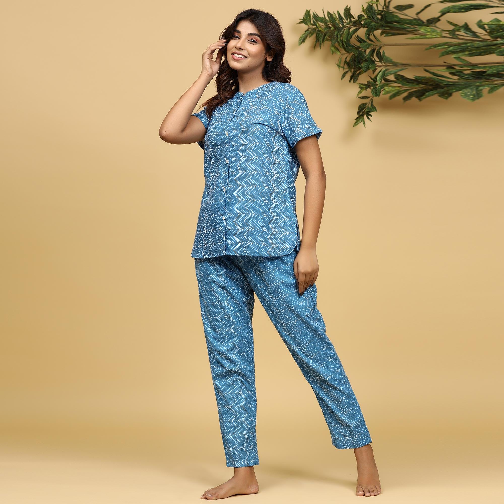 Light Blue Printed Pure Cotton Night Suit - Peachmode