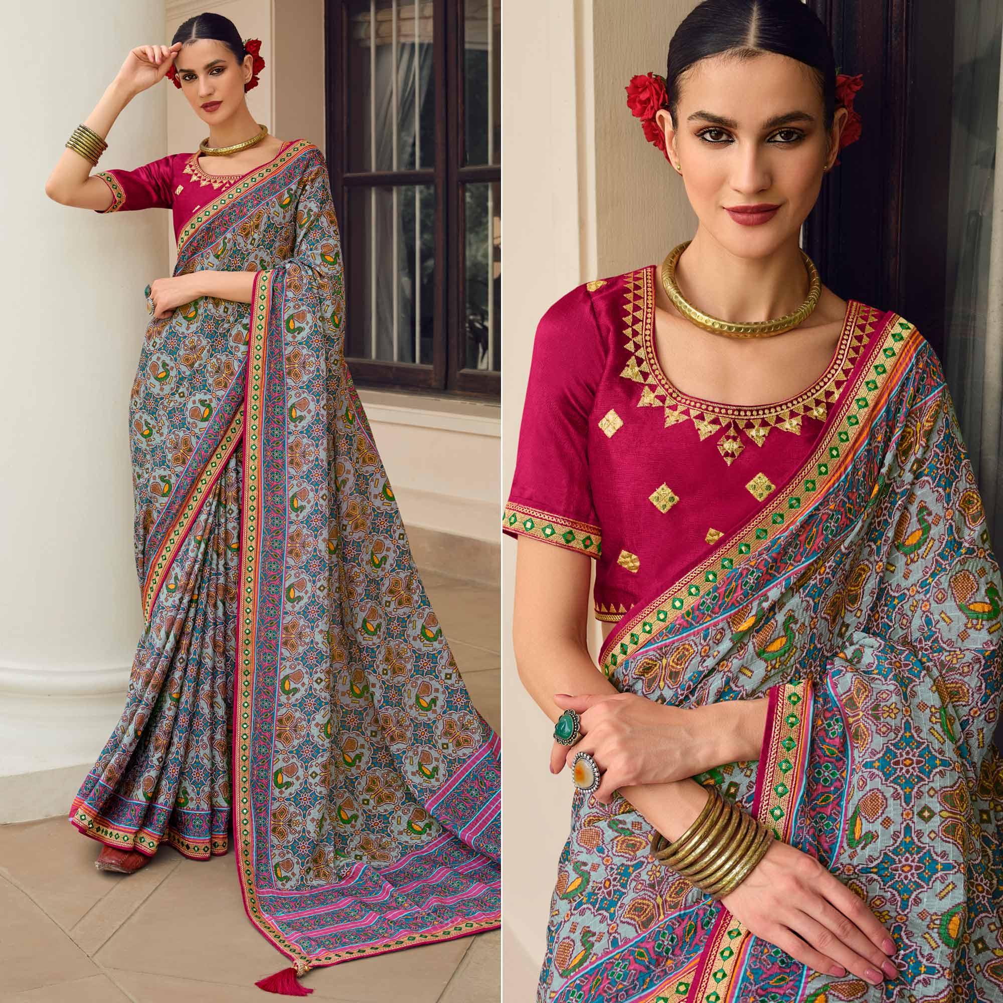 Light Blue Printed With Embellished Chiffon Saree With Tassels - Peachmode