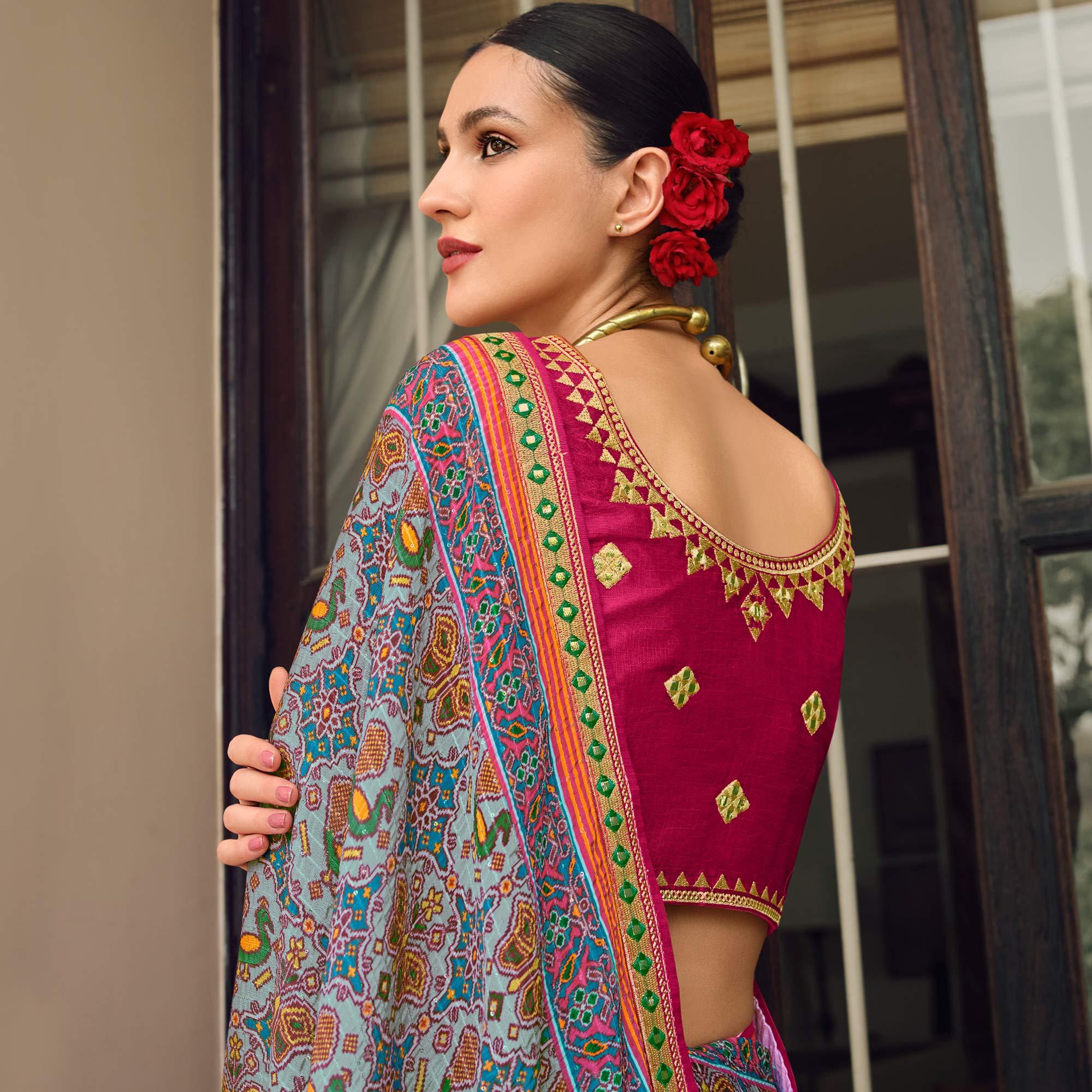 Light Blue Printed With Embellished Chiffon Saree With Tassels - Peachmode