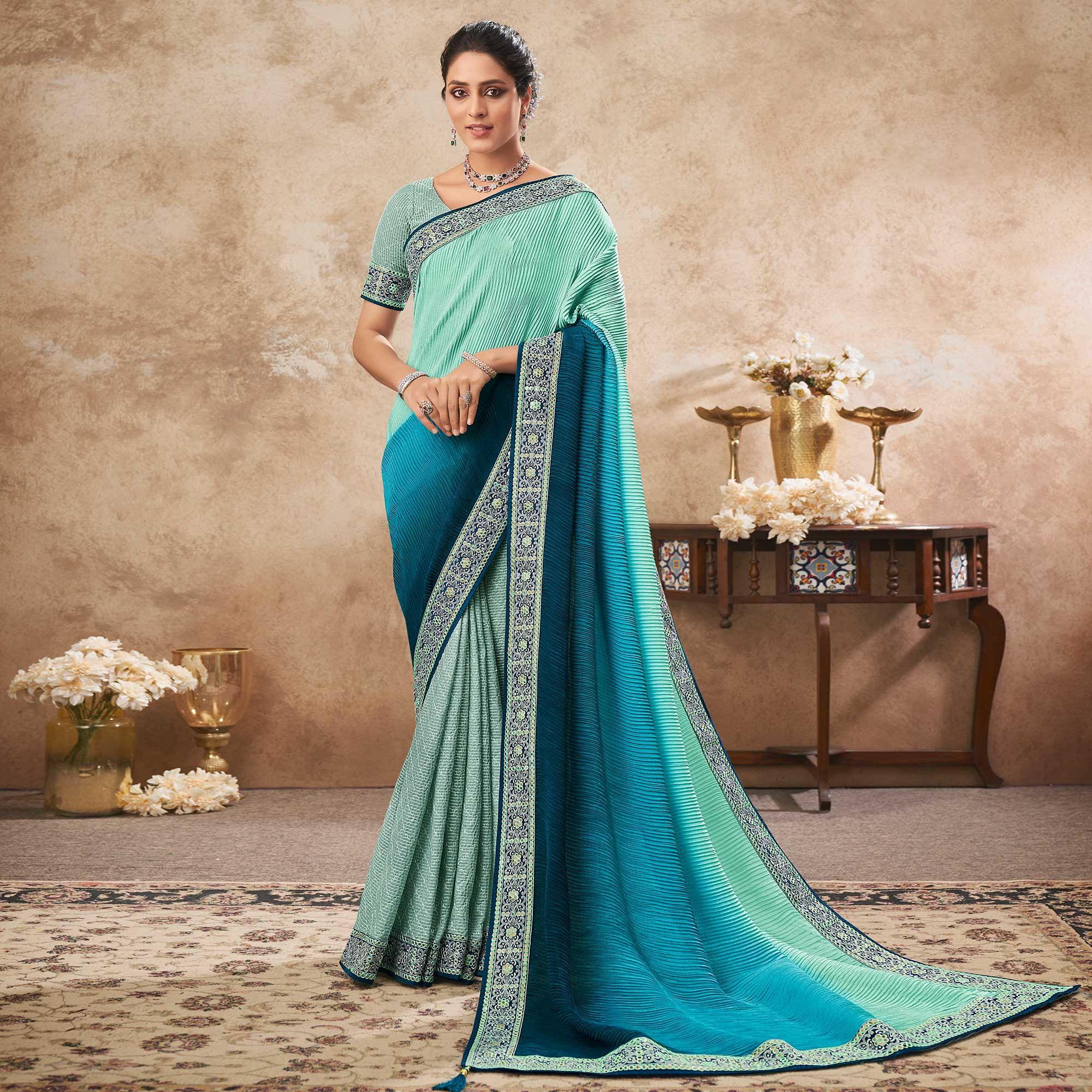 Light Blue Sequence Embroidered Chiffon Half & Half Saree - Peachmode