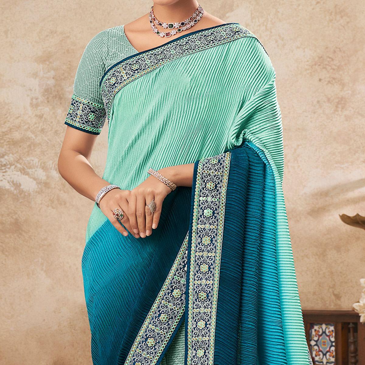 Light Blue Sequence Embroidered Chiffon Half & Half Saree - Peachmode