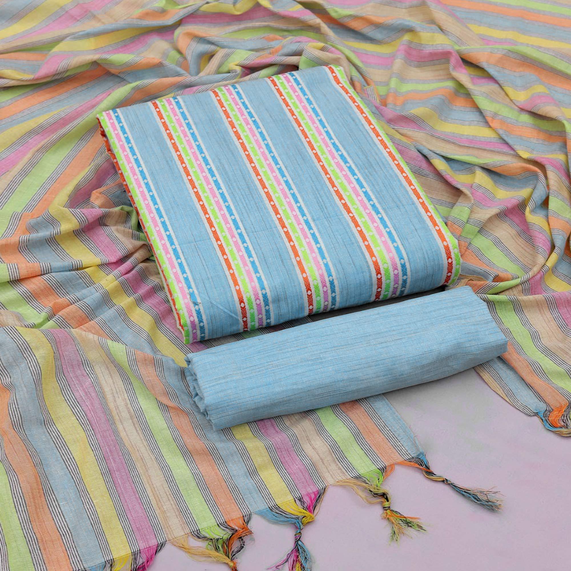 Light Blue Stripes Printed Cotton Blend Dress Material - Peachmode