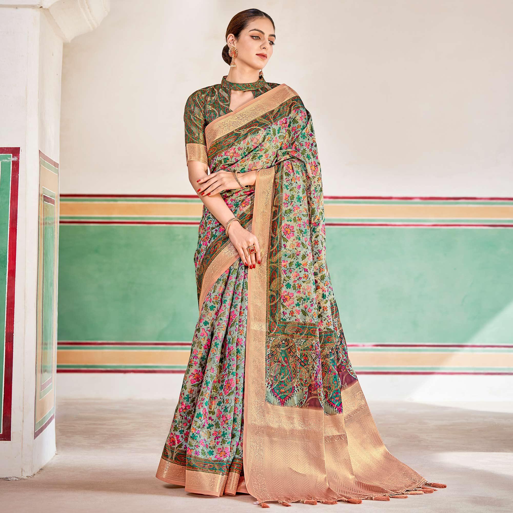Light Blue Woven Art Silk Saree With Tassels - Peachmode