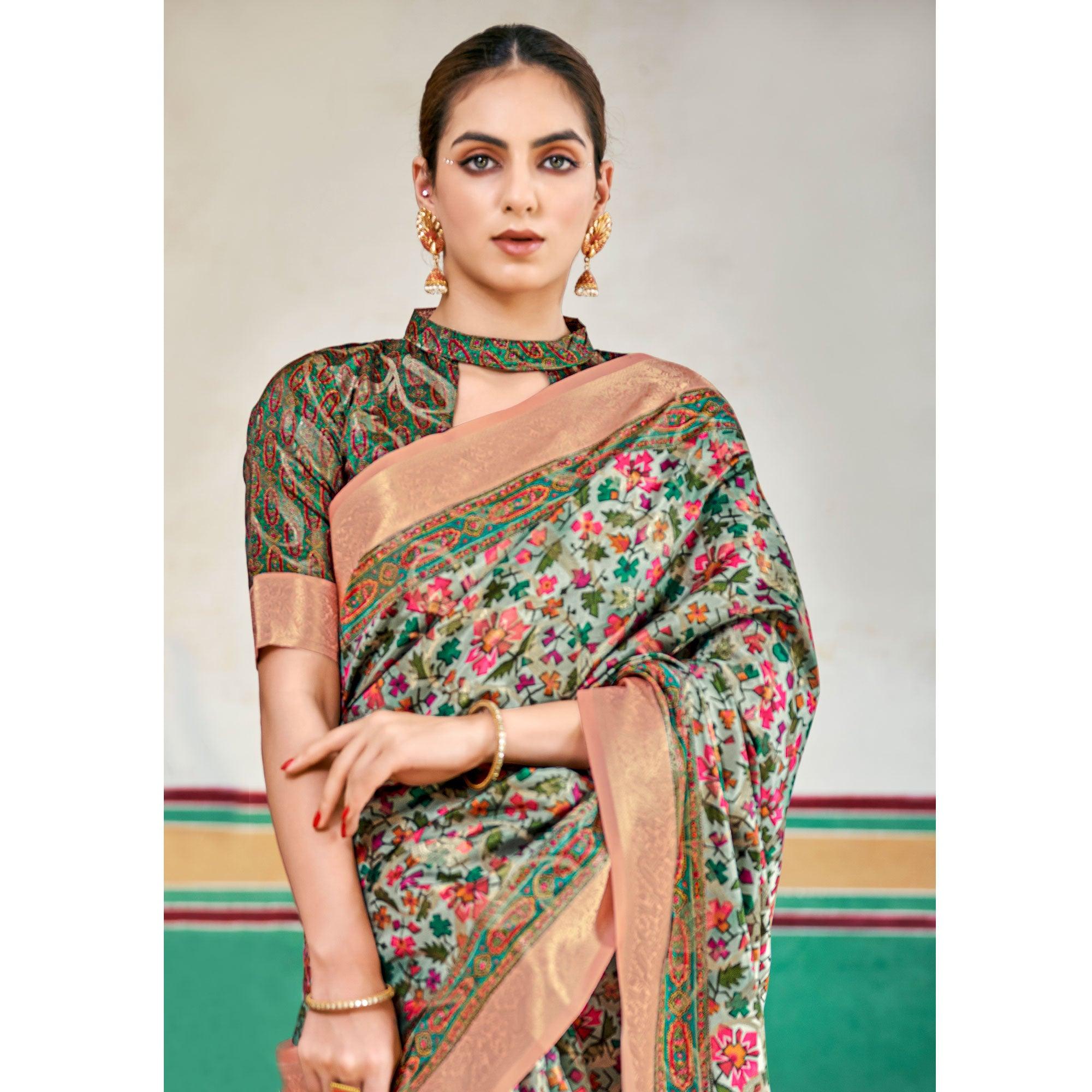 Light Blue Woven Art Silk Saree With Tassels - Peachmode
