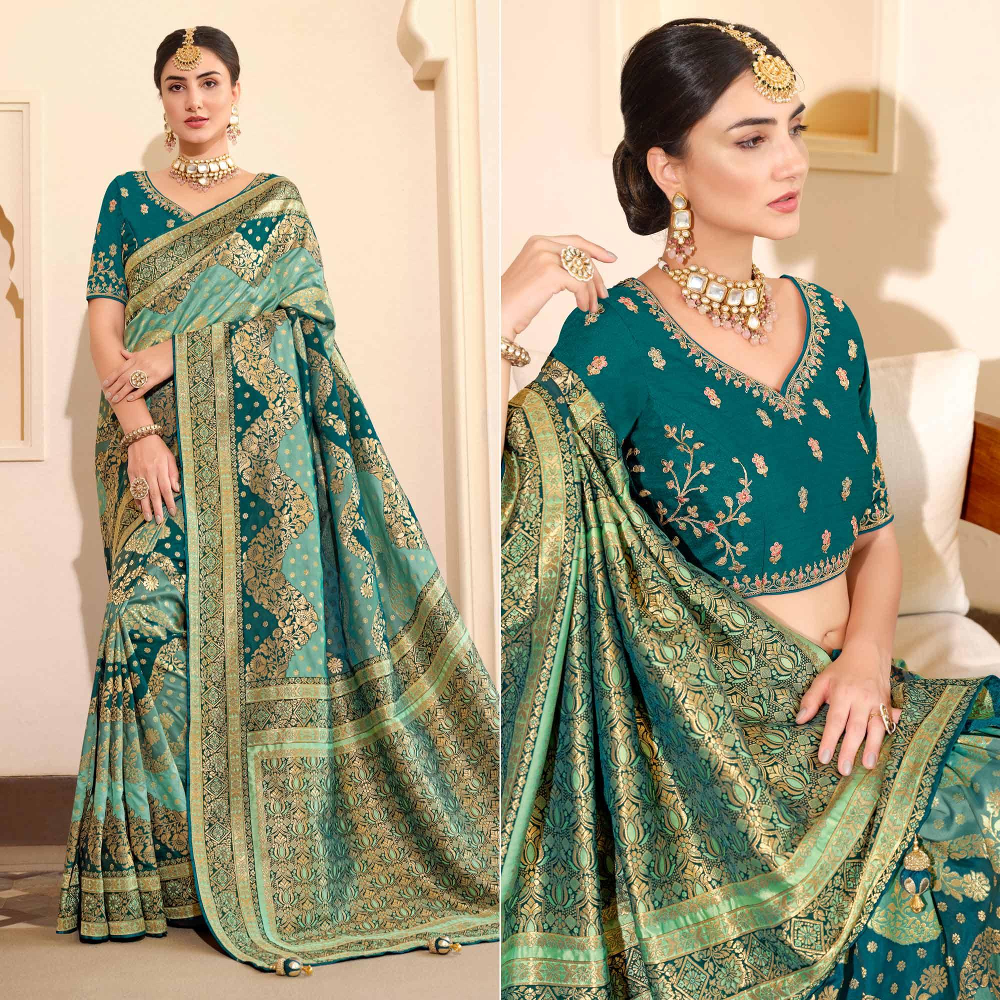 Light Blue Woven Banarasi Silk Saree With Tassels - Peachmode