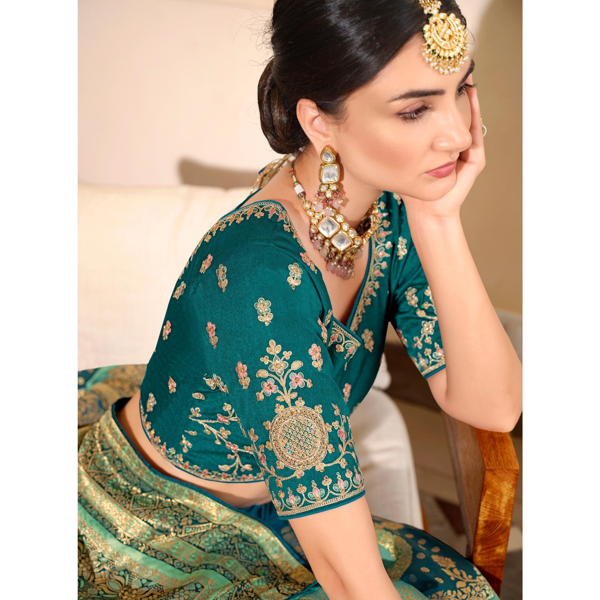 Light Blue Woven Banarasi Silk Saree With Tassels - Peachmode
