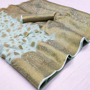 Light Blue Woven Poly Cotton Saree - Peachmode
