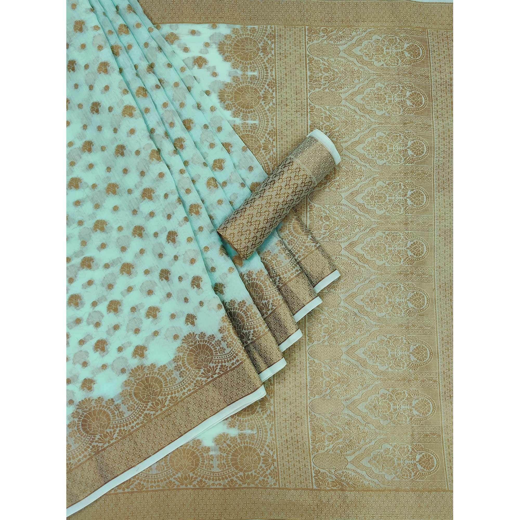 Light Blue Woven Poly Cotton Saree - Peachmode