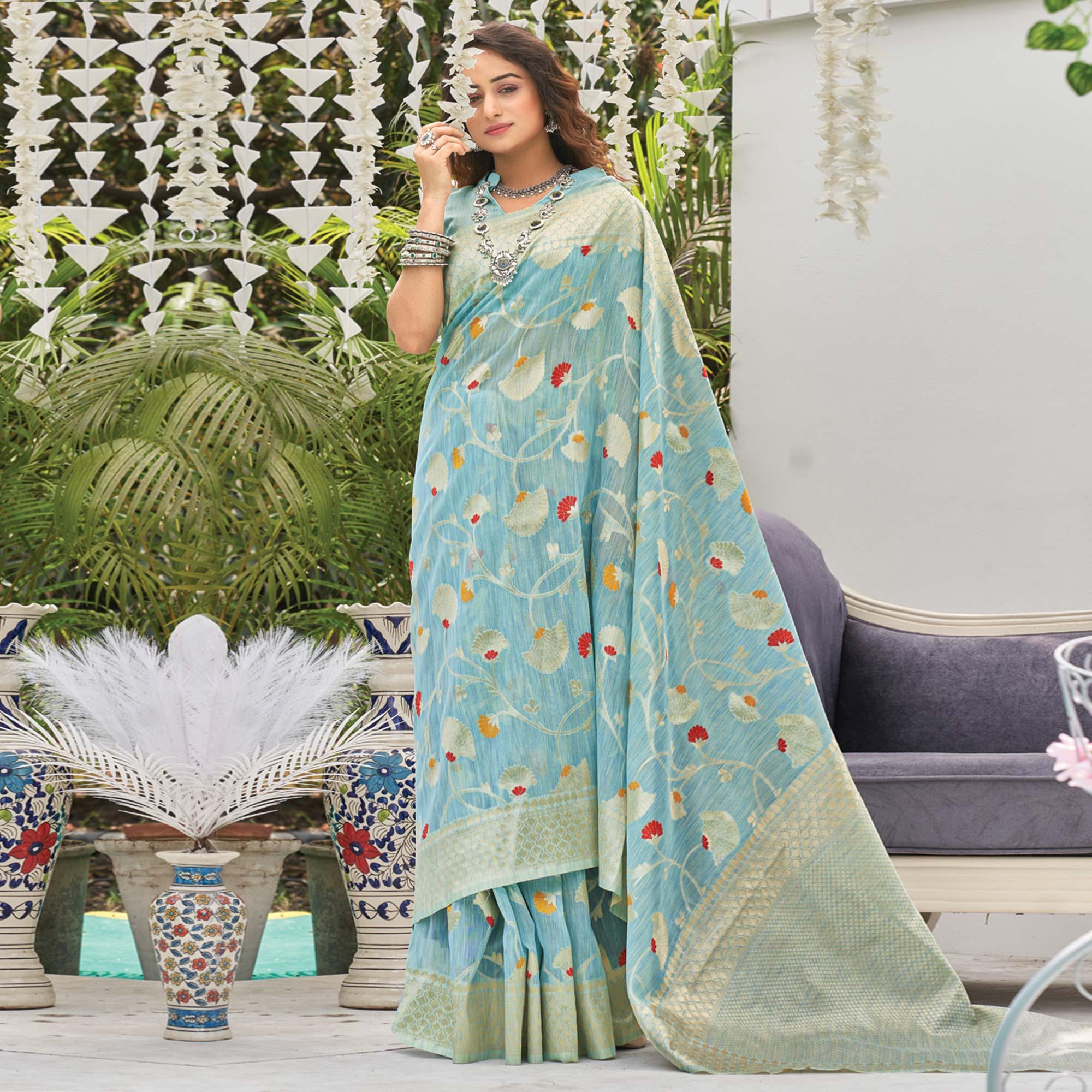 Light Blue Woven Poly Cotton Saree With Tassels - Peachmode