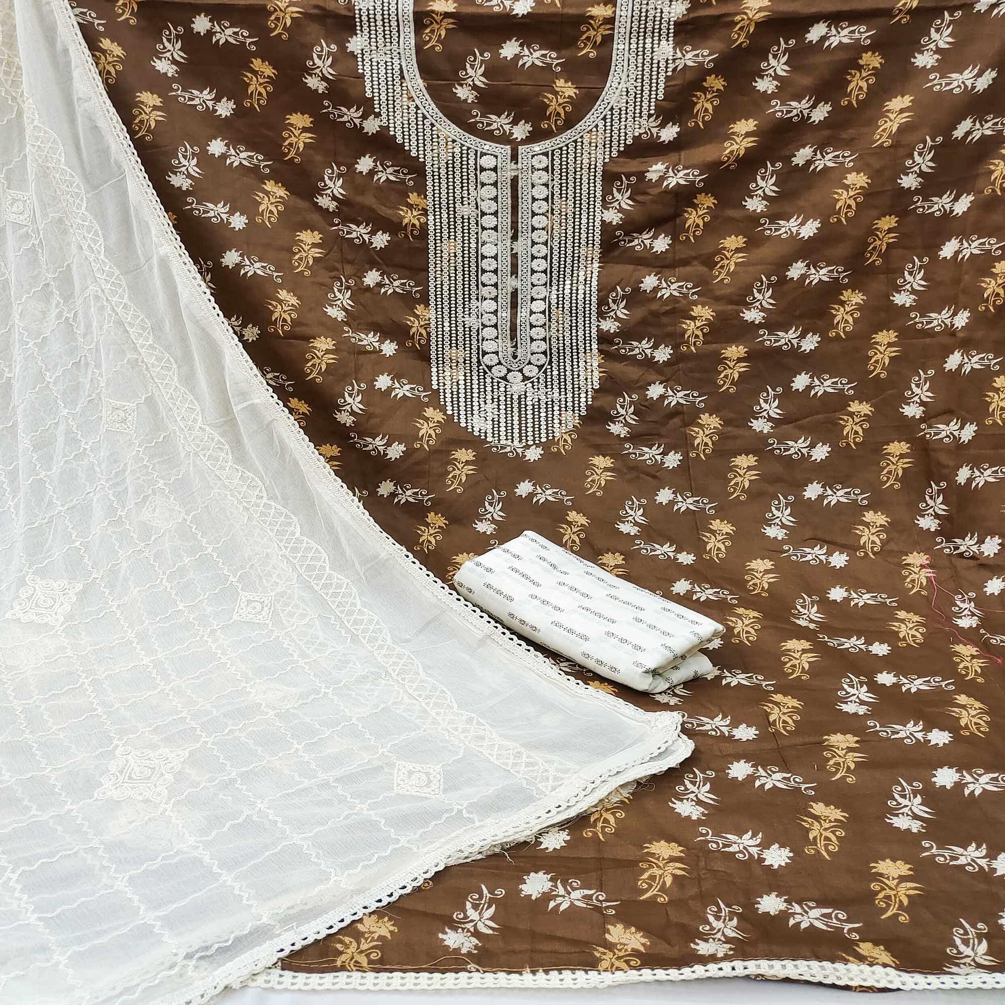 LIght Brown Casual Wear Floral Embroidered With Print Cotton Dress Material - Peachmode