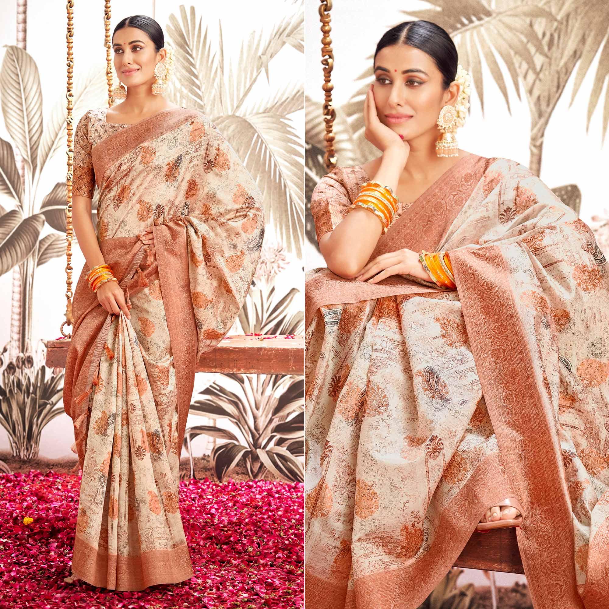Light Brown Digital Printed Art Silk Saree With Tassels - Peachmode