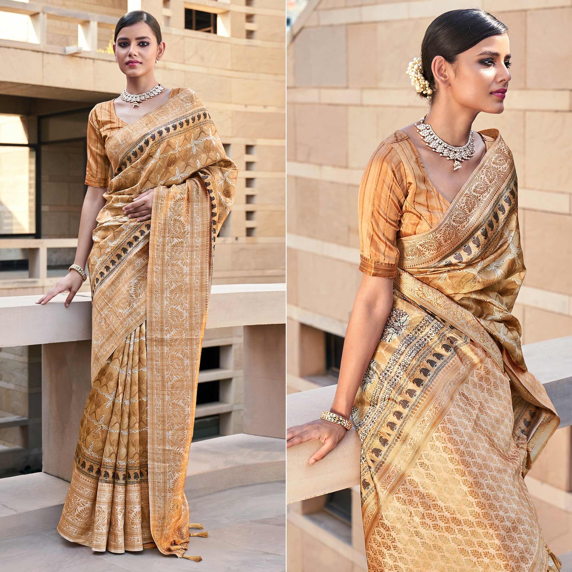 Light Brown Digital Printed Art Silk Saree With Tassels - Peachmode