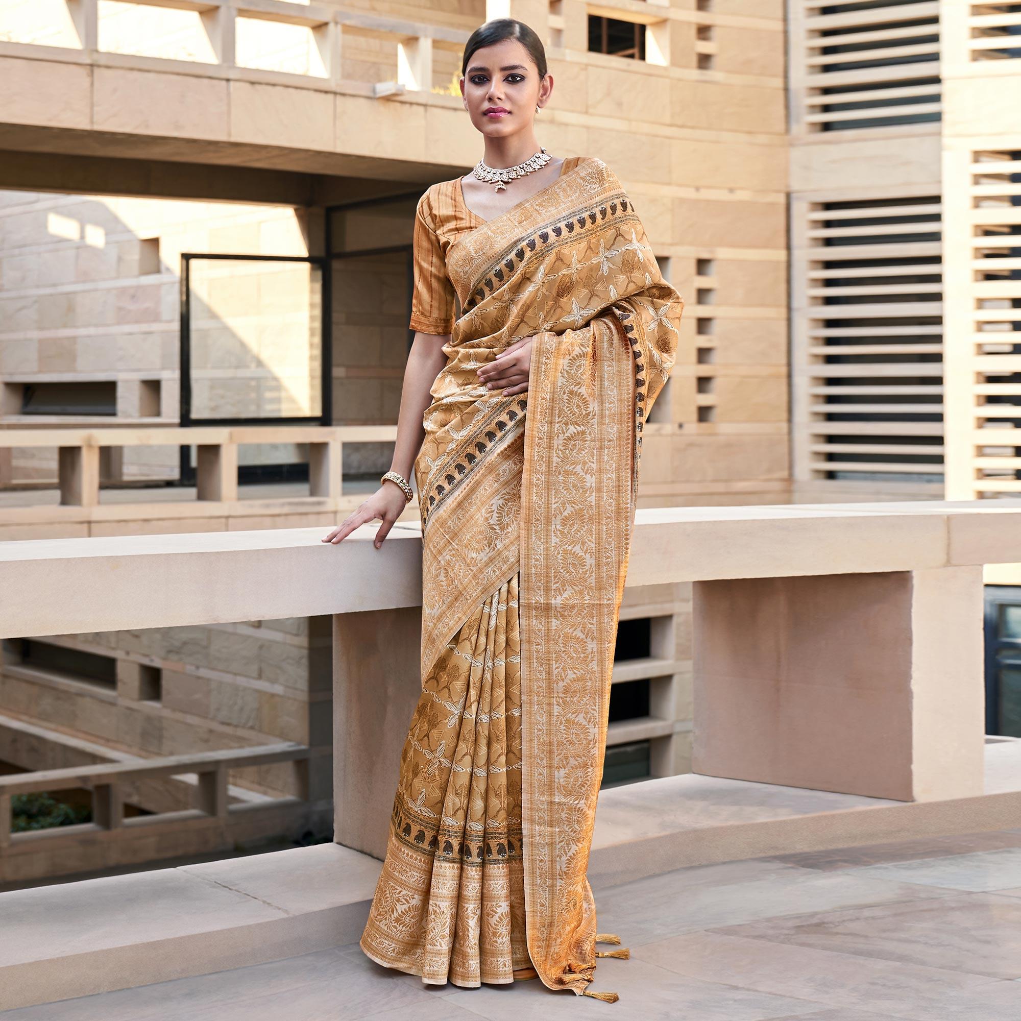 Light Brown Digital Printed Art Silk Saree With Tassels - Peachmode