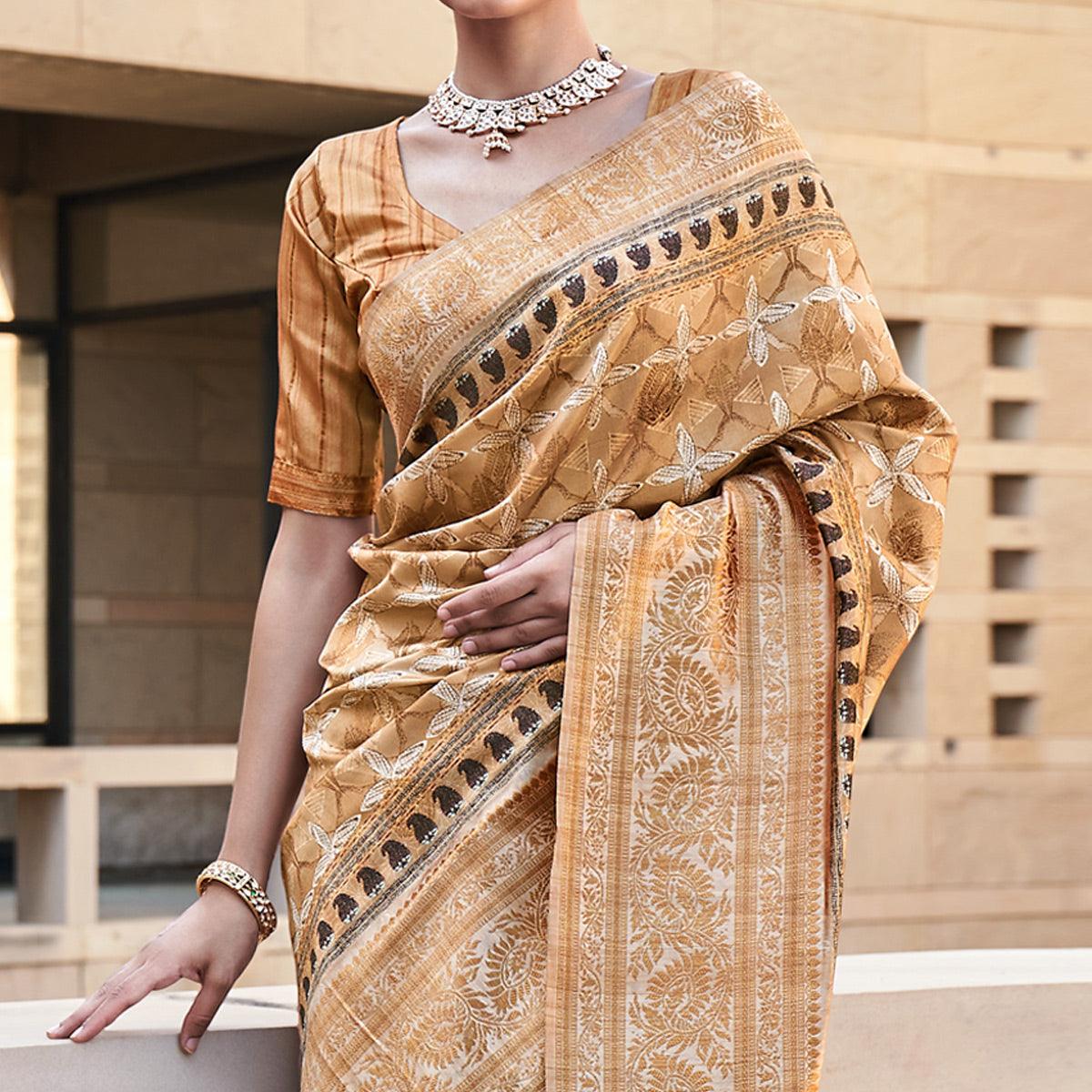 Light Brown Digital Printed Art Silk Saree With Tassels - Peachmode