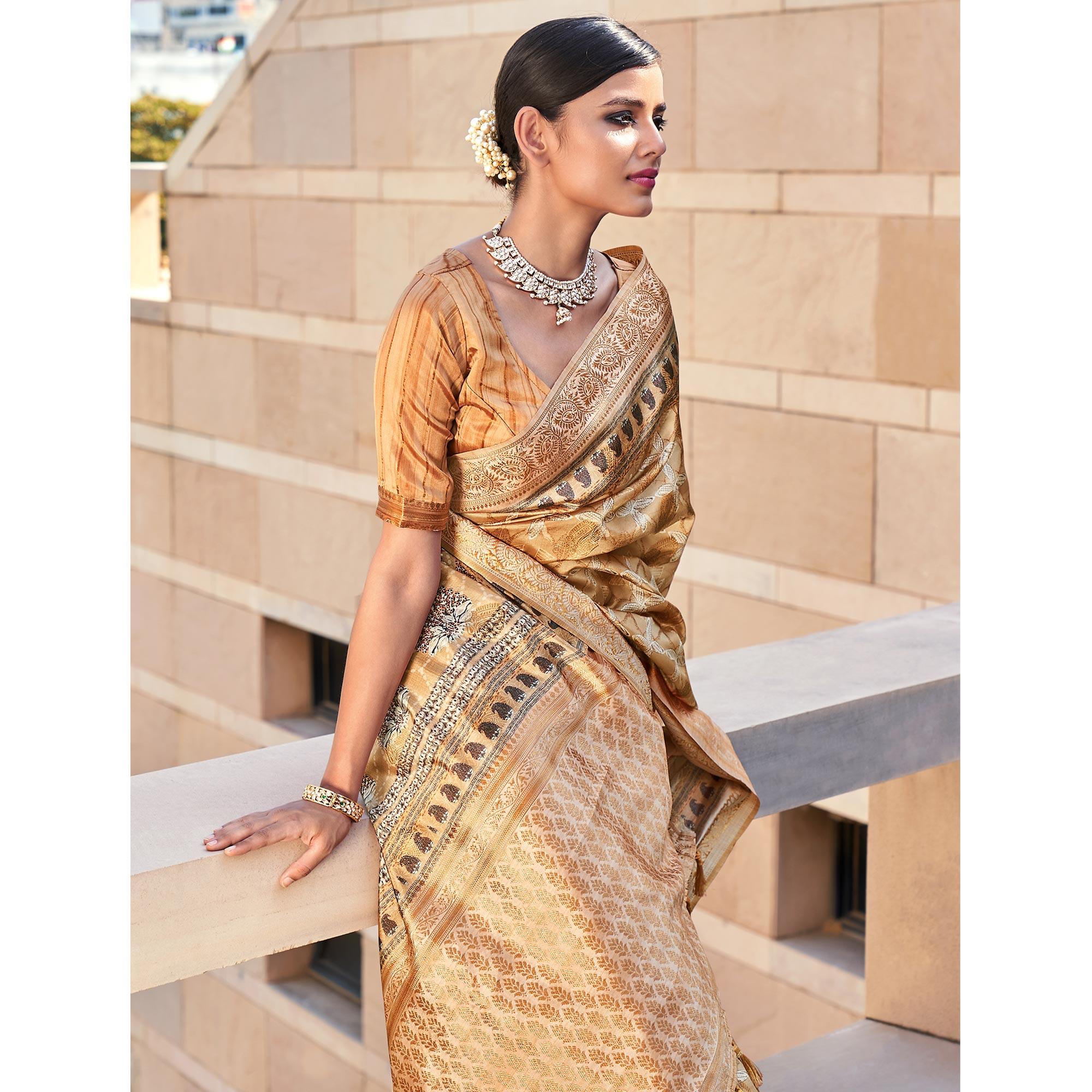 Light Brown Digital Printed Art Silk Saree With Tassels - Peachmode