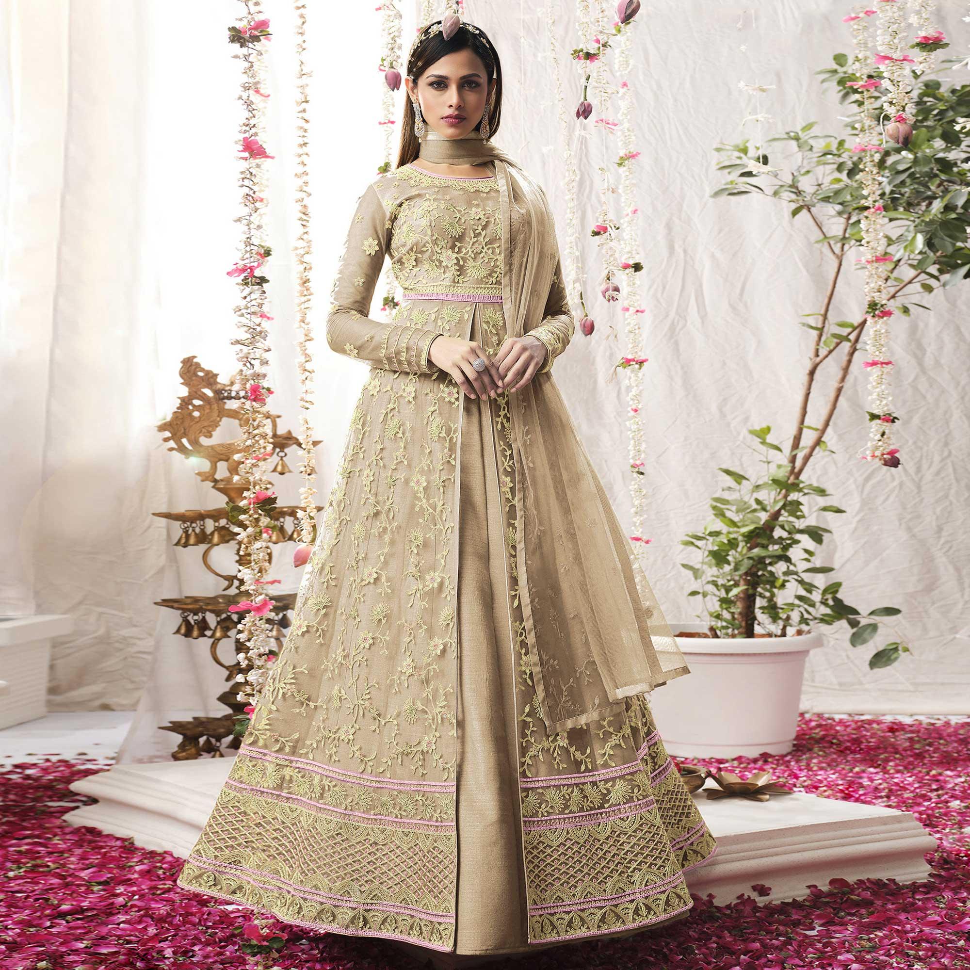 Light Brown Embroidered Netted Anarkali Suit - Peachmode