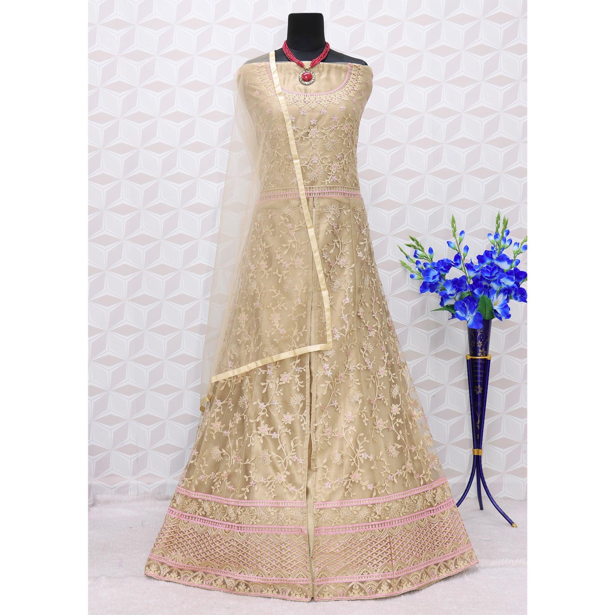 Light Brown Embroidered Netted Anarkali Suit - Peachmode