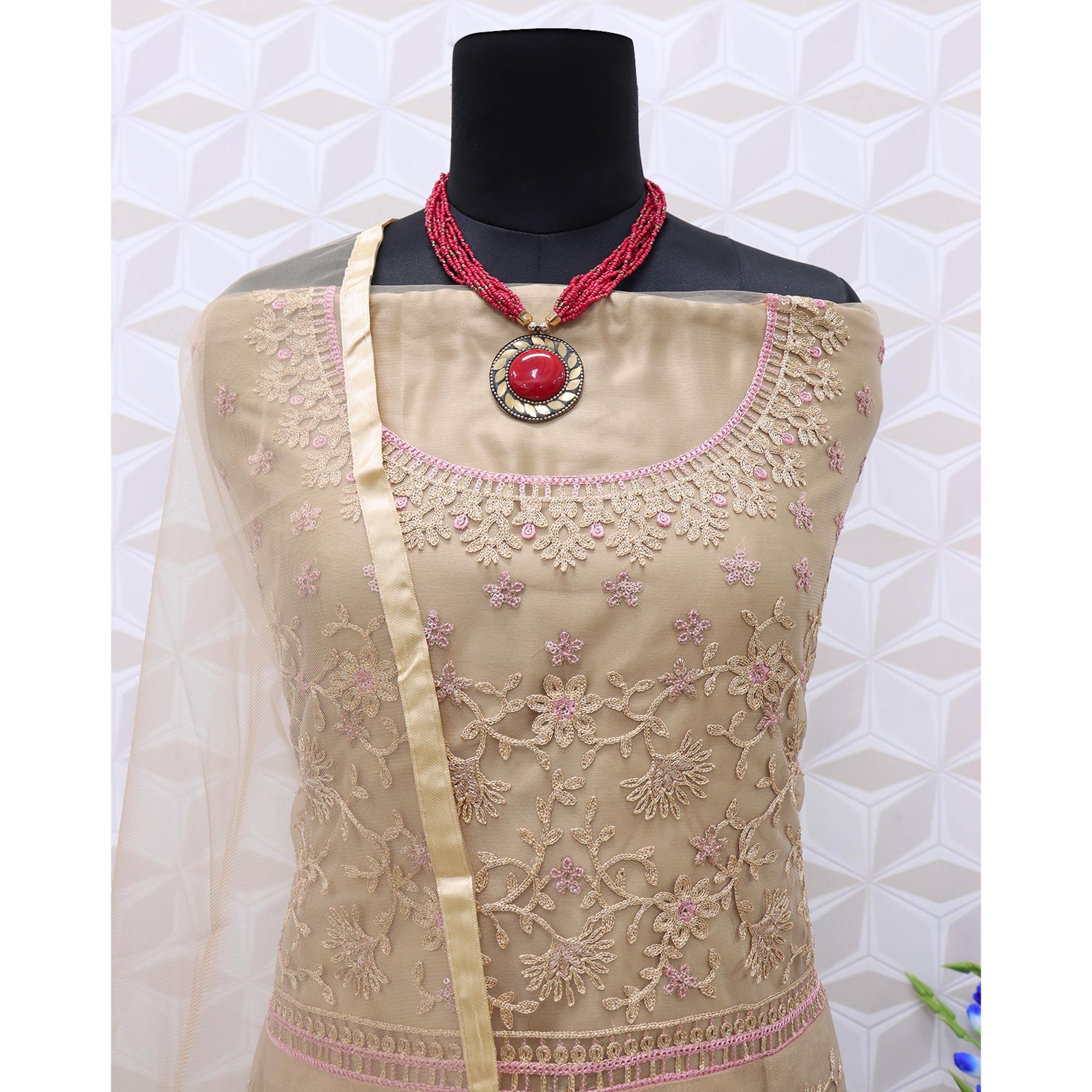 Light Brown Embroidered Netted Anarkali Suit - Peachmode