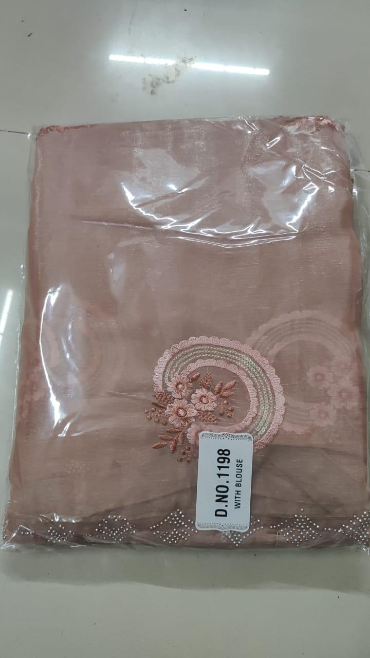 Light Brown Embroidered With Embellished Georgette Saree - Peachmode