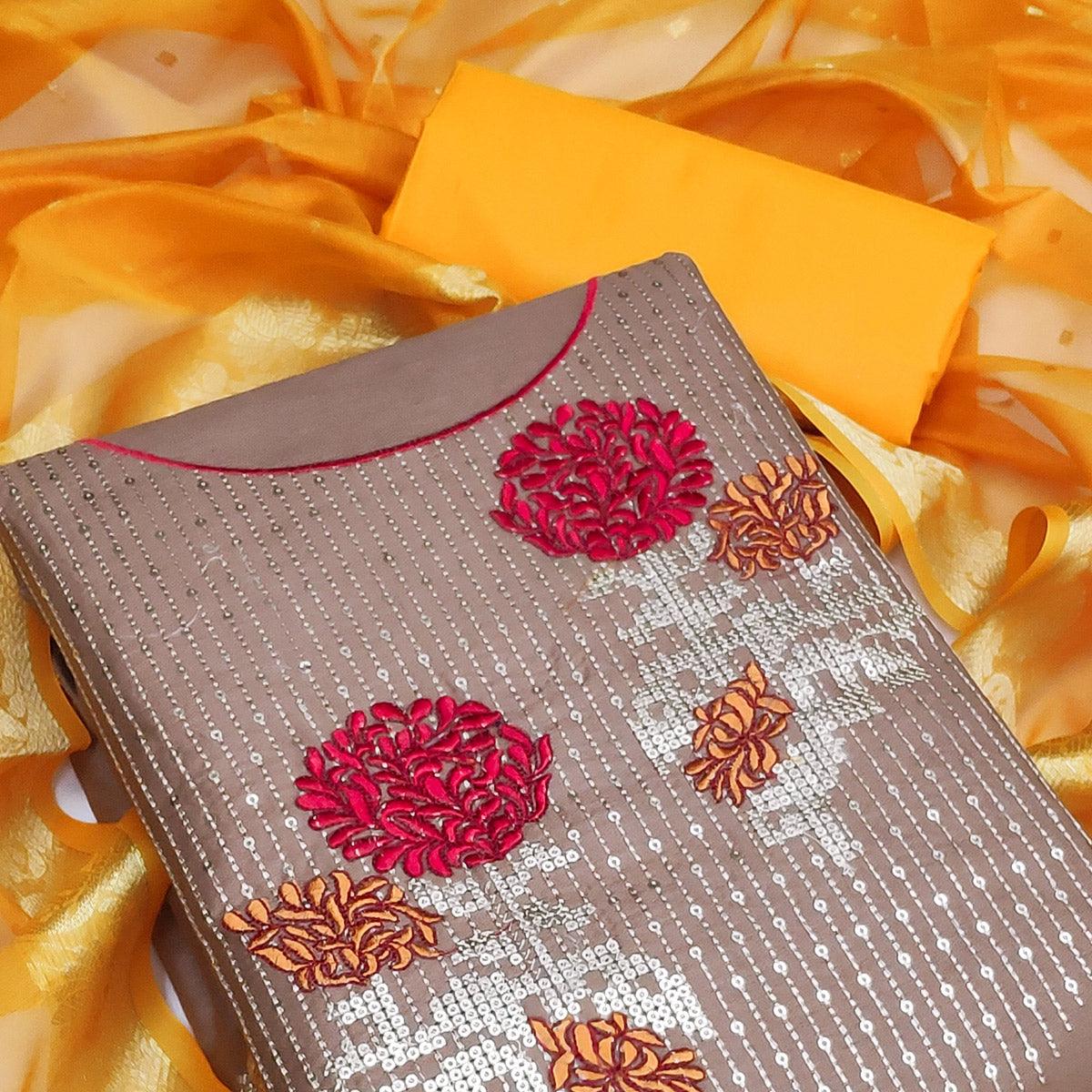 Light Brown Festive Wear Floral Embroidered Cotton Dress Material - Peachmode