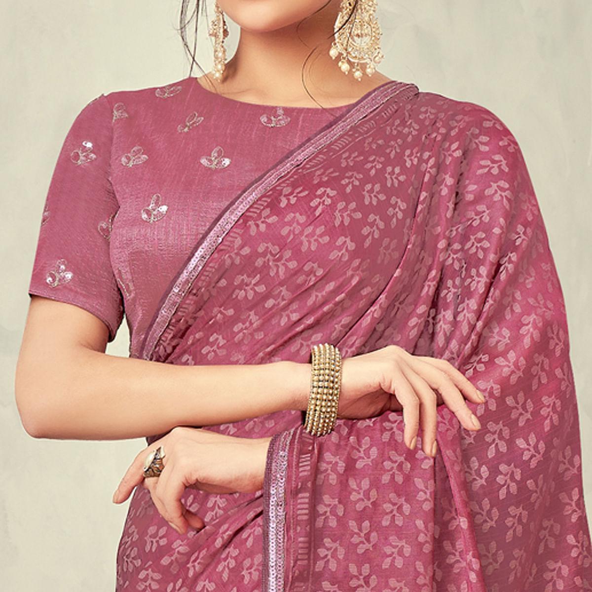 Light Brown Festive Wear Print With Lace Border Brasso Silk Saree - Peachmode