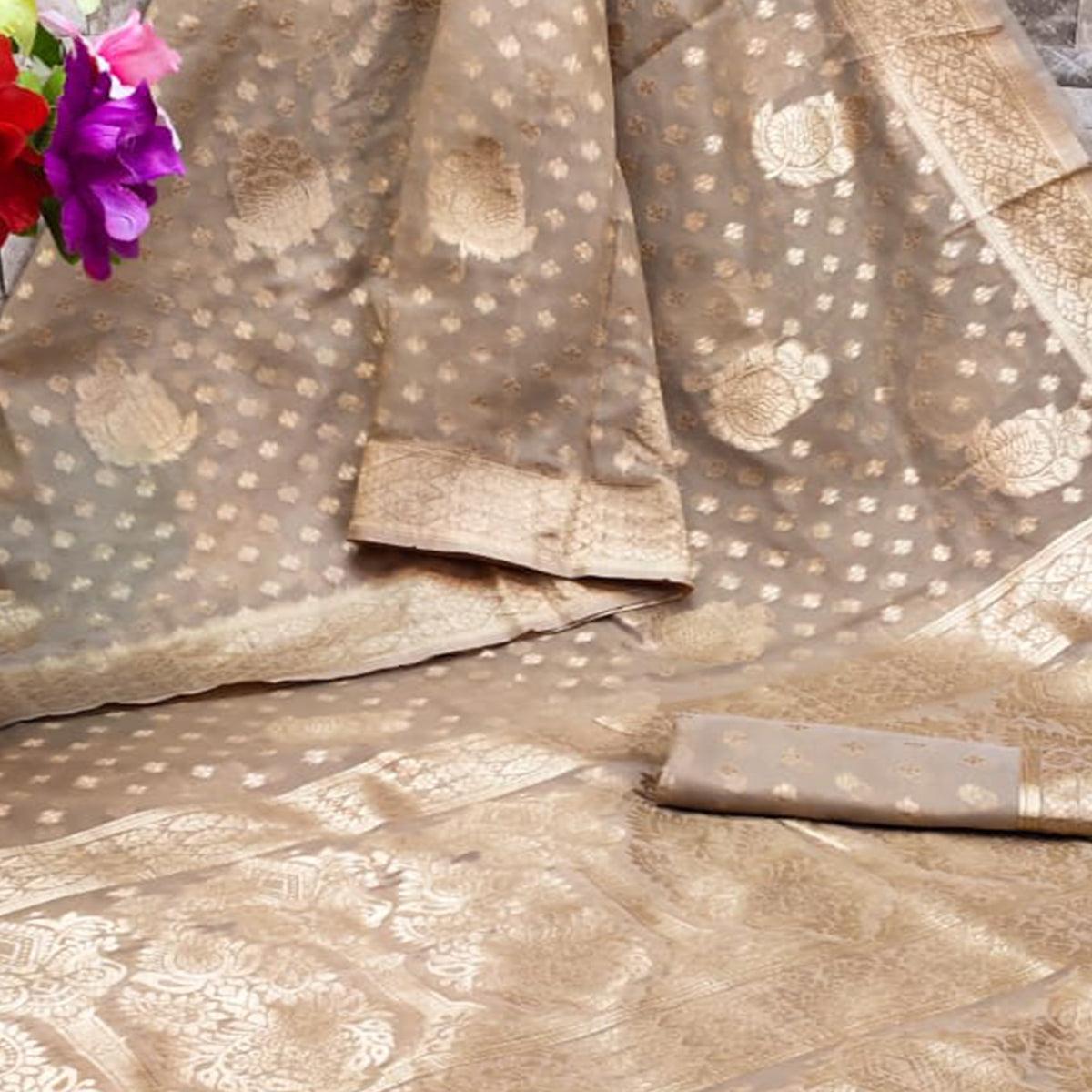 Light Brown Festive Wear Woven Jacquard Silk Saree - Peachmode